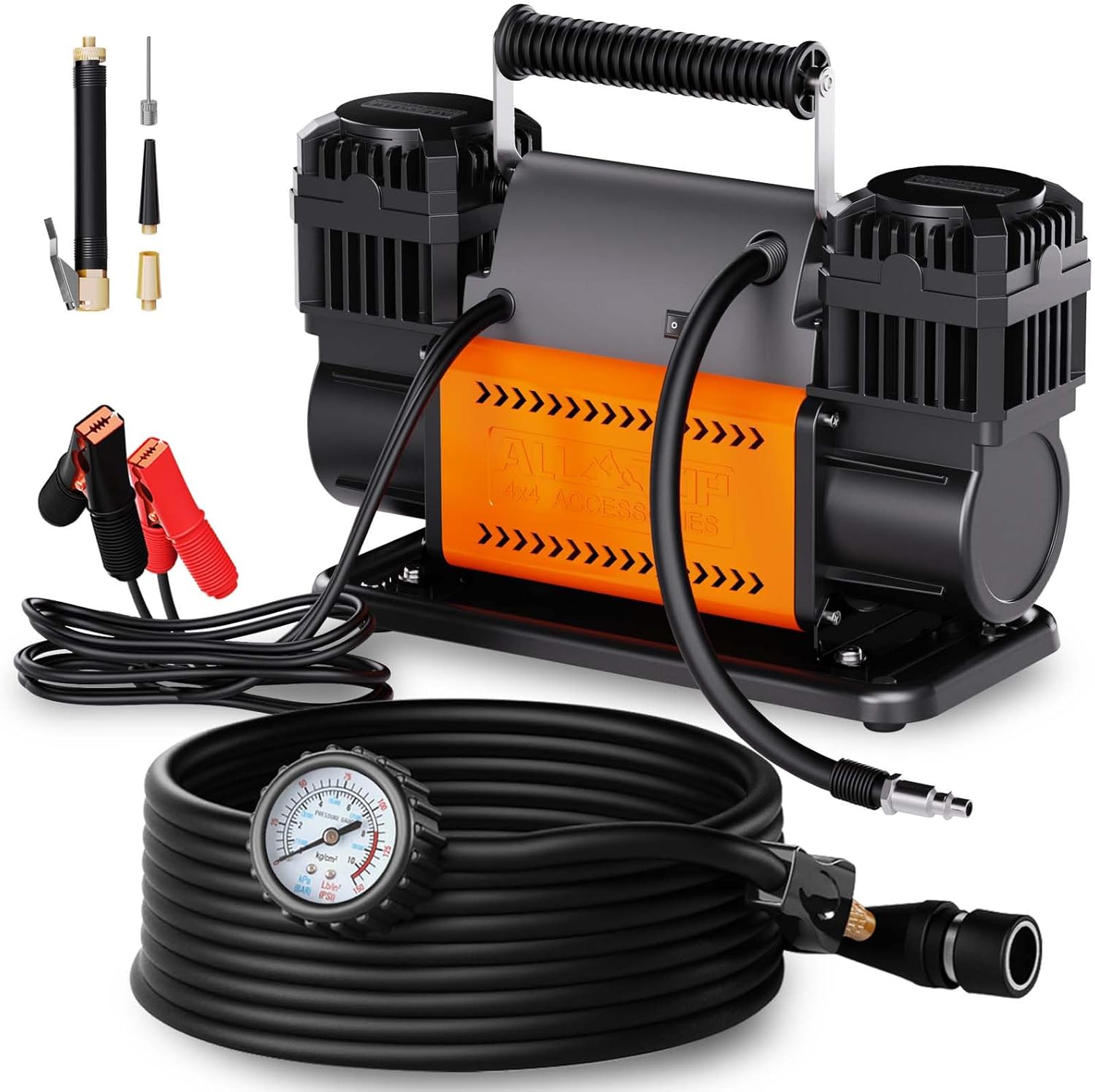 Kit de compresseur d'air, double cylindre, gonfleur portable 12 volts, 12,35 pieds cubes par minute, convient aux pneus de camion pour une utilisation hors route, robuste Max 150 livres par pouce carré, convient aux véhicules à quatre roues motrices