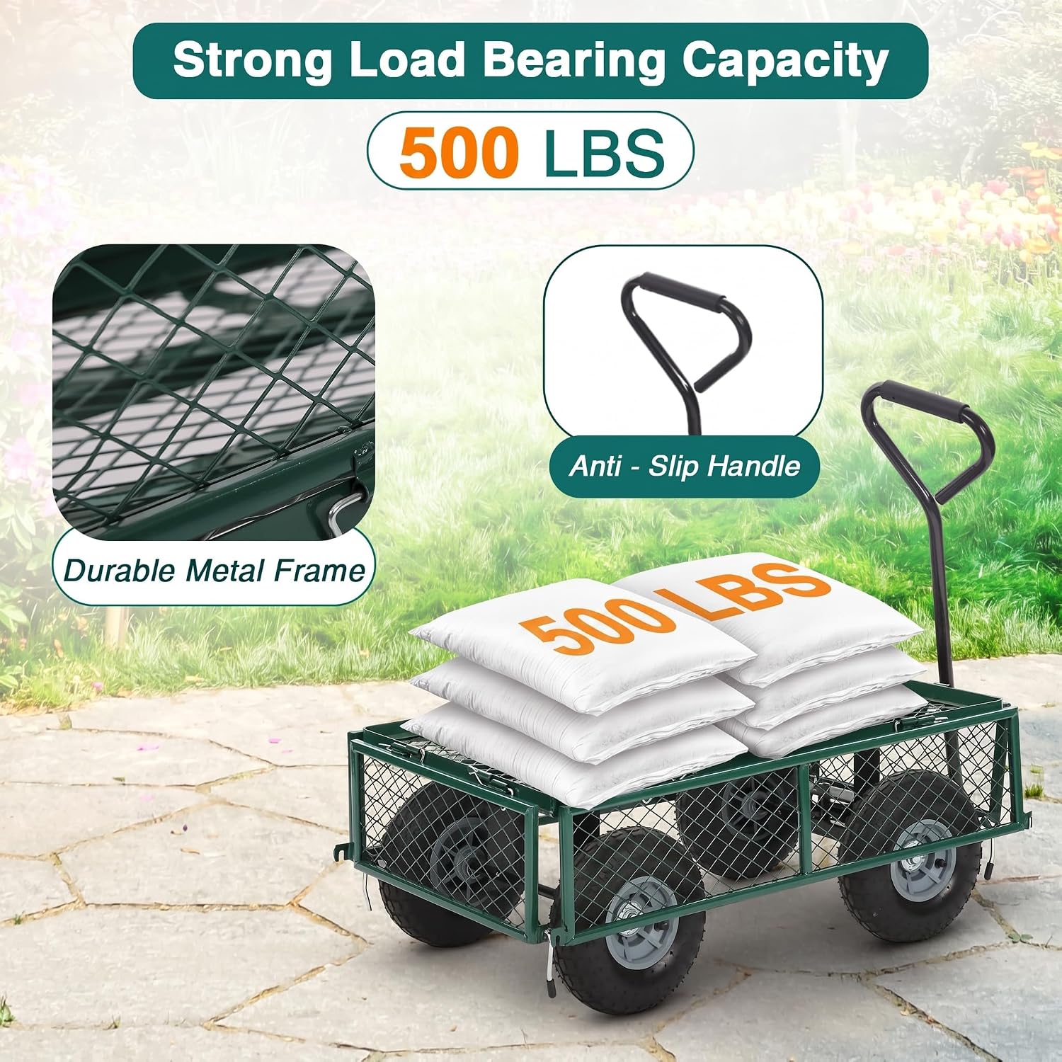 FDW| Heavy Duty Garden Cart with Wheels| Green| 500lbs Capacity
