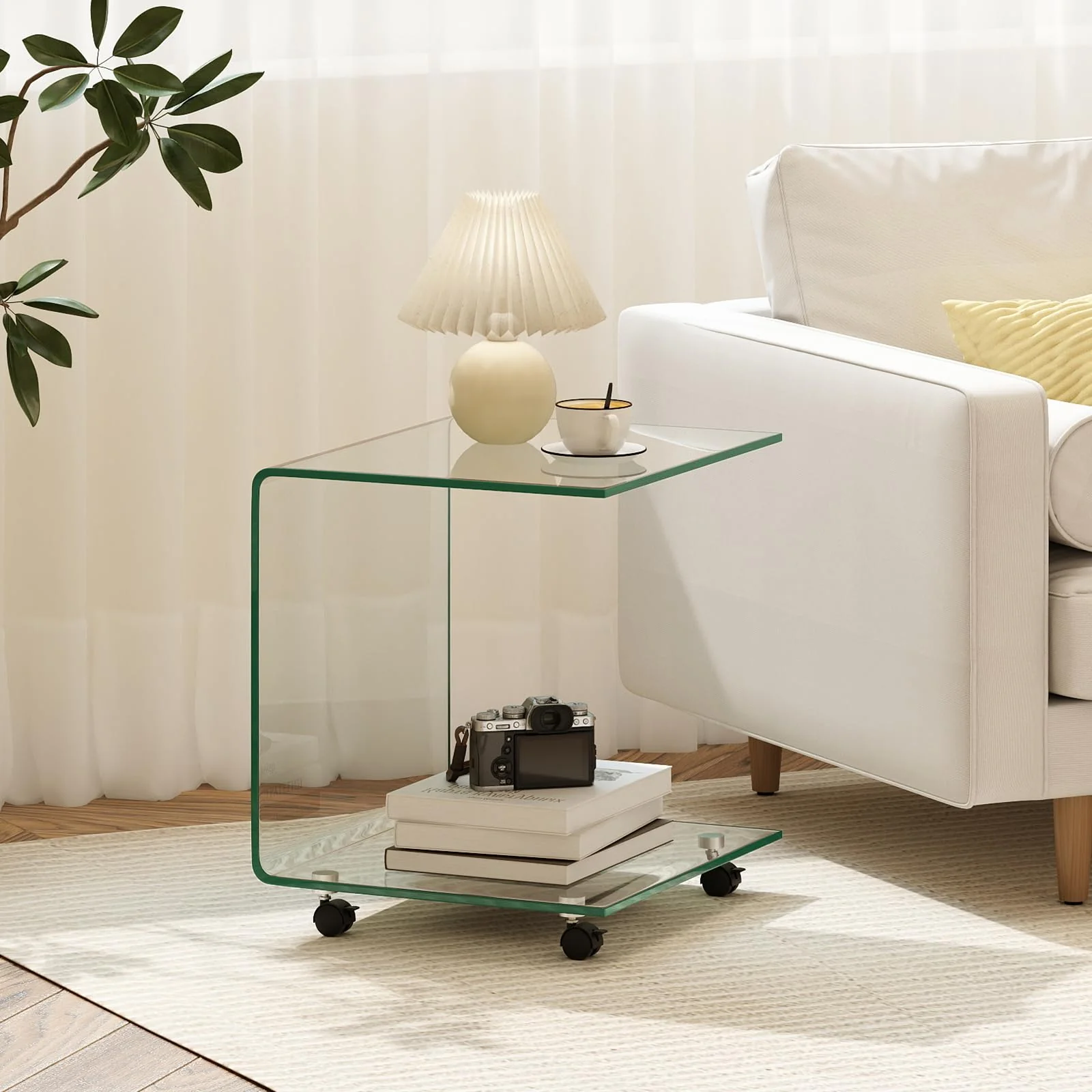Tangkula Modern C-Shaped Tempered Glass Side Table