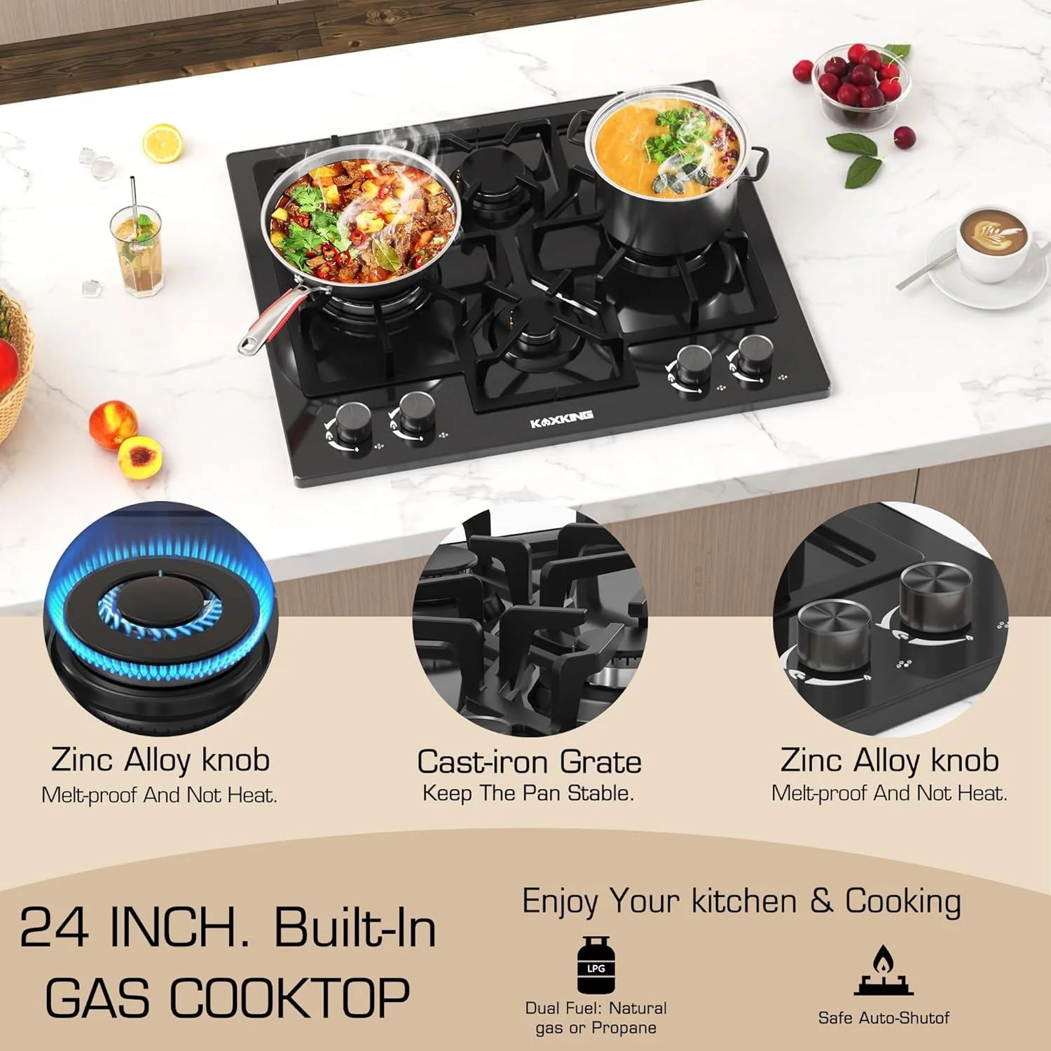 24 Inch Black Gas Cooktop Built-in Dual Fuel Natural Gas Propane Stove 4 Burner Convertible Cooktop with Thermocouple Protection - Image 2