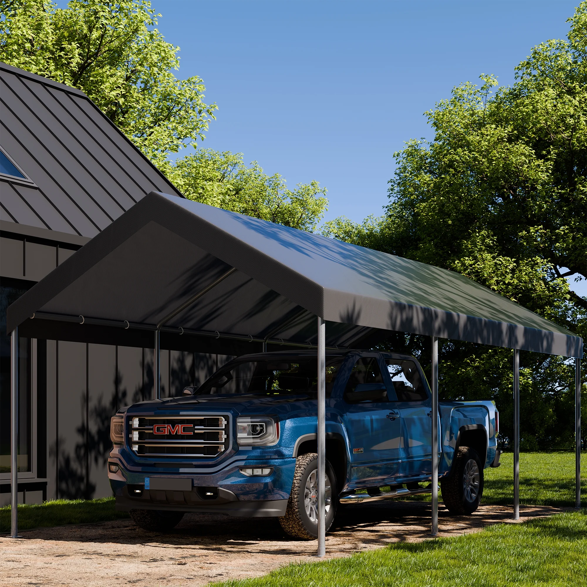 Carport 10 x 20 ft Heavy Duty Carport Car Canopy with Powder-Coated Steel Frame, Portable Garage for Car, Boat, Shelter Party Tent with 180g PE Tarp Gray(Gray) - Image 10