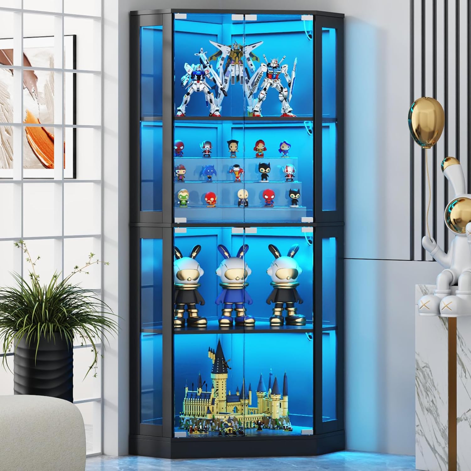 Corner Display Cabinet with Multi-Color LED Lights, Modern Curio Cabinet with Glass Doors, 4 Tier Glass Display Case for Toys, Books & Other Collectibles