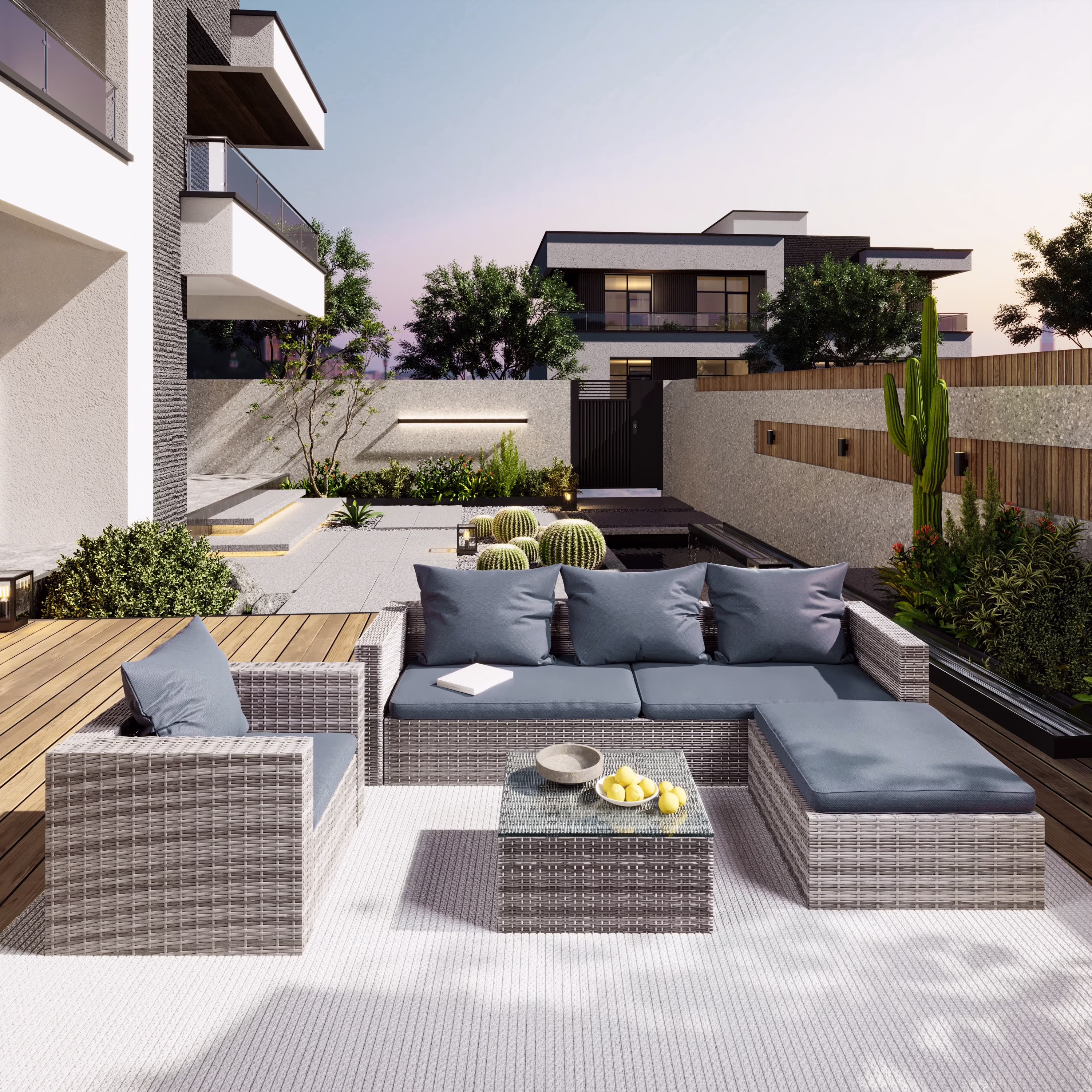 Rattan Patio Sofa Set, 4 Pieces Outdoor Sectional Furniture Set, All-Weather PE Rattan Wicker Patio Conversation Set, Cushioned Sofa Set with Glass Table for Patio Garden Poolside Deck(Brown) - Image 5
