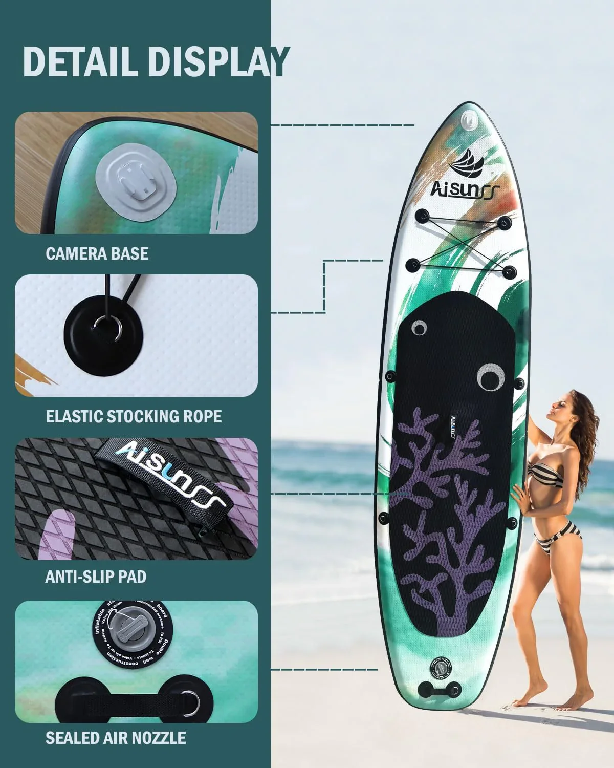 Planche de SUP gonflable large avec sac de transport, pompe à main et sac étanche de 10 L