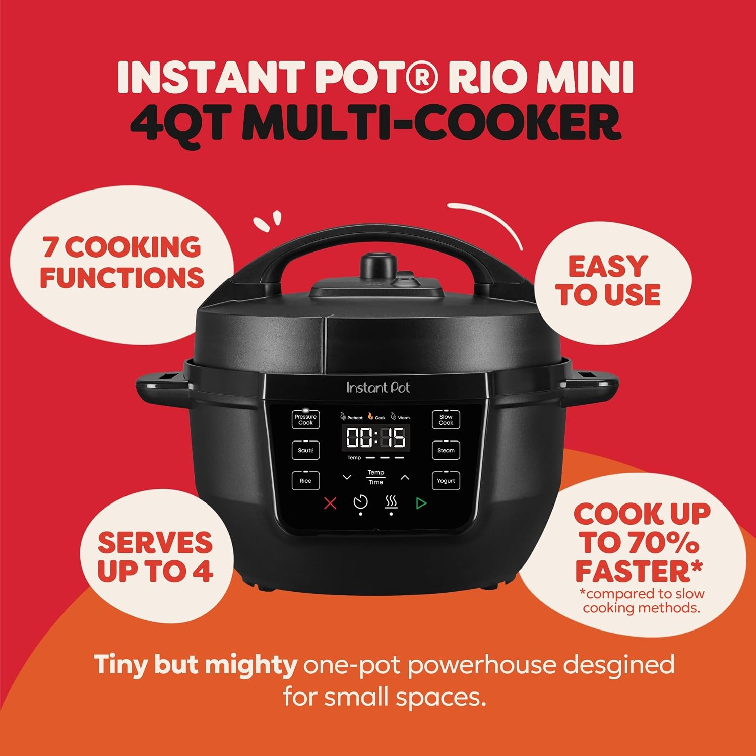 Instant Pot 4QT RIO Mini 7-in-1 Multi-Cooker, Pressure Cooker, Slow Cook, Sauté, Steam, Rice Maker, Yogurt, & Warmer, Black, 4 Quarts