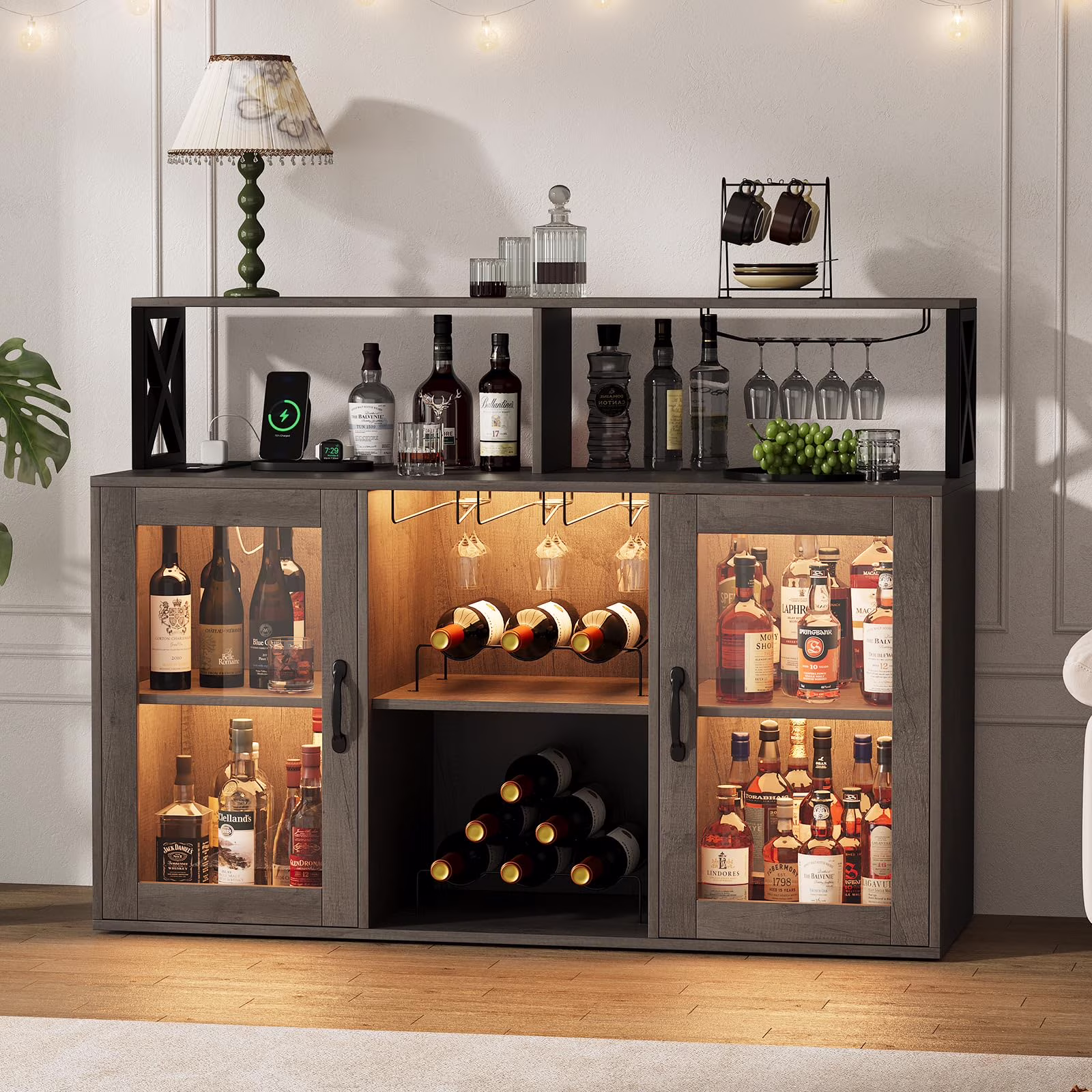 Bar Cabinet with Storage Shelves, Coffee Bar Cabinet with LED Lights, Liquor Cabinet with Wine Rack and Glass Goblet Holder, Kitchen Sideboard Buffet Cabinet for Home, Kitchen, Dining Room(Retro Gray)
