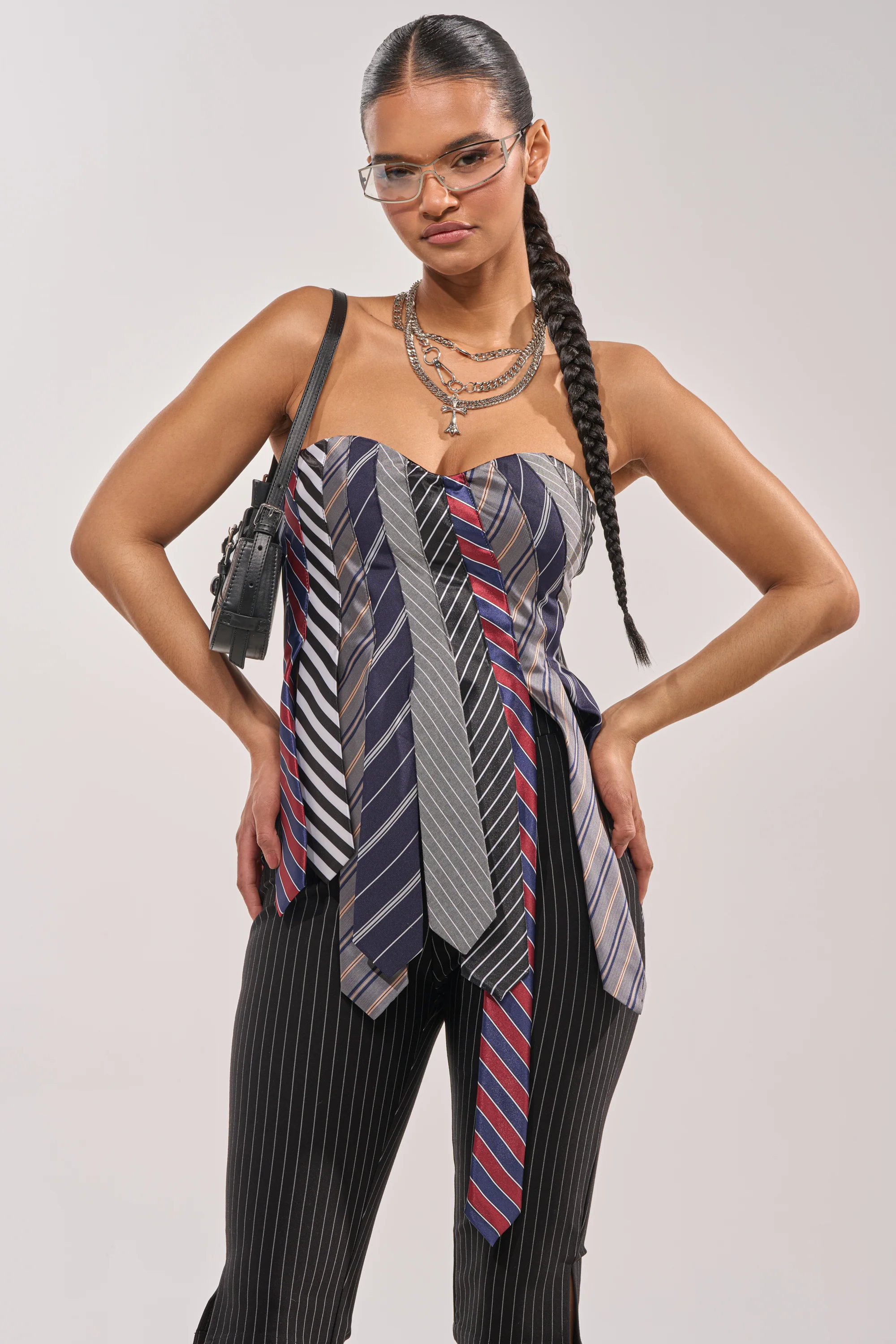 STRICTLY BUSINESS TIE DETAIL CORSET TOP IN BLUE MULTI - Akira Store