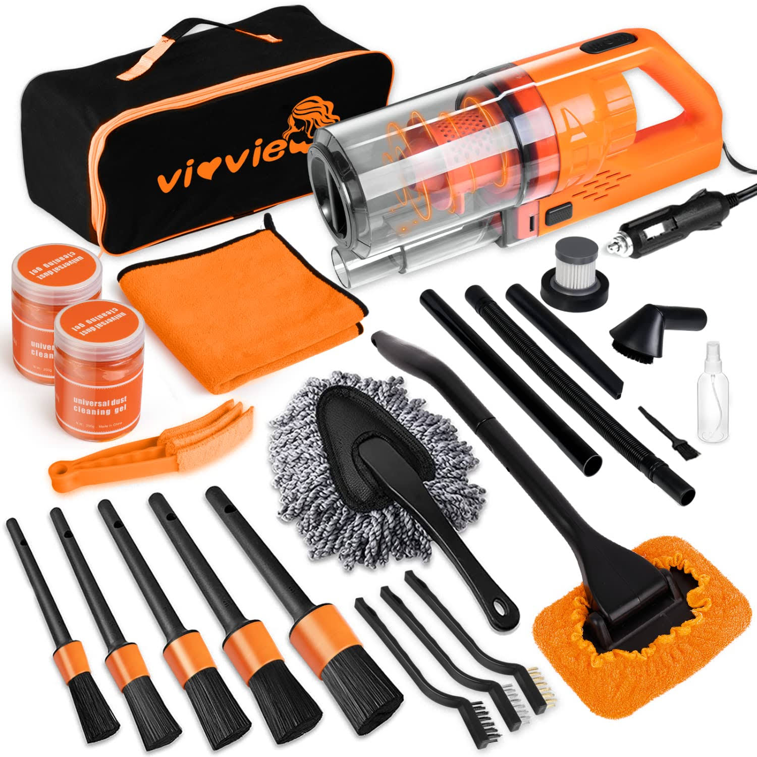 Vioview Car Detailing Kit Interior Cleaner, 17pcs Car Cleaning Supplies with High Power Portable Car Vacuum, Detailing Brush Set, Windshield Cleaner