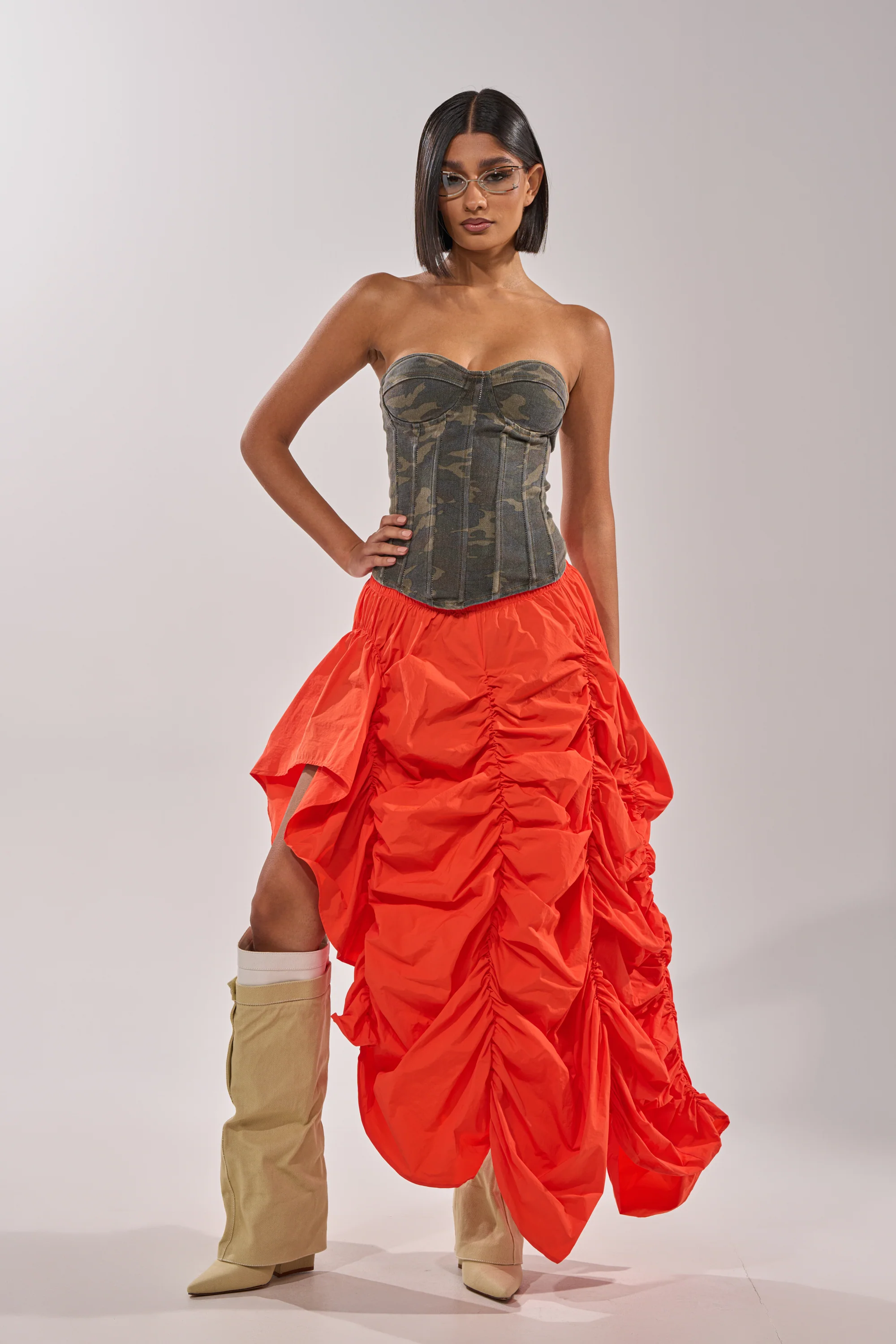 LETS CHANGE IT UP RUCHED MIDI SKIRT IN ORANGE - Akira Store