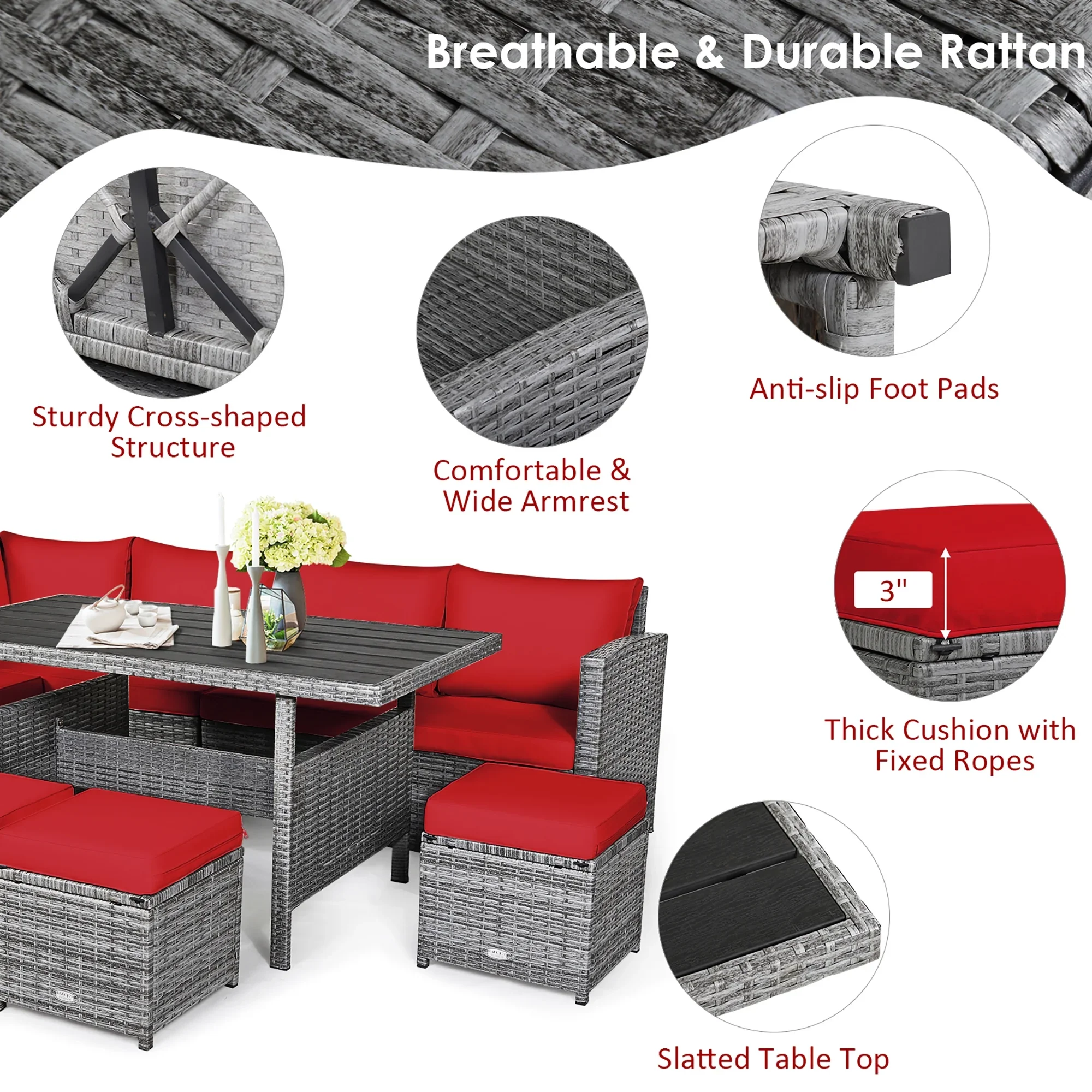 Costway 7 PCS Patio Rattan Dining Set Sectional Sofa Couch Ottoman Garden Red