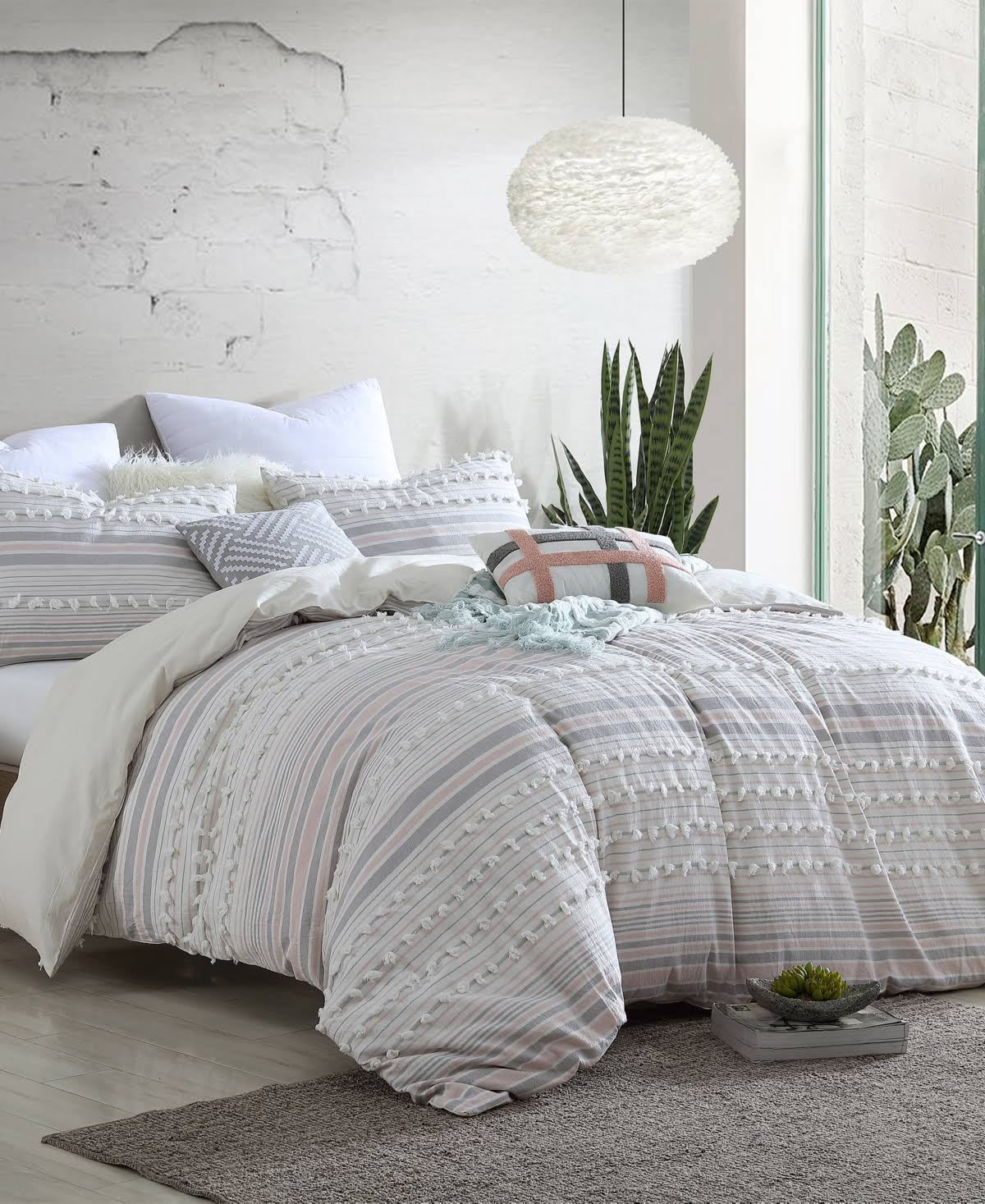 Swift Home Anahita 100% Cotton Clipped Dot Stripe Jacquard 5-Piece Bedding Comforter Set Blush - King, Pink