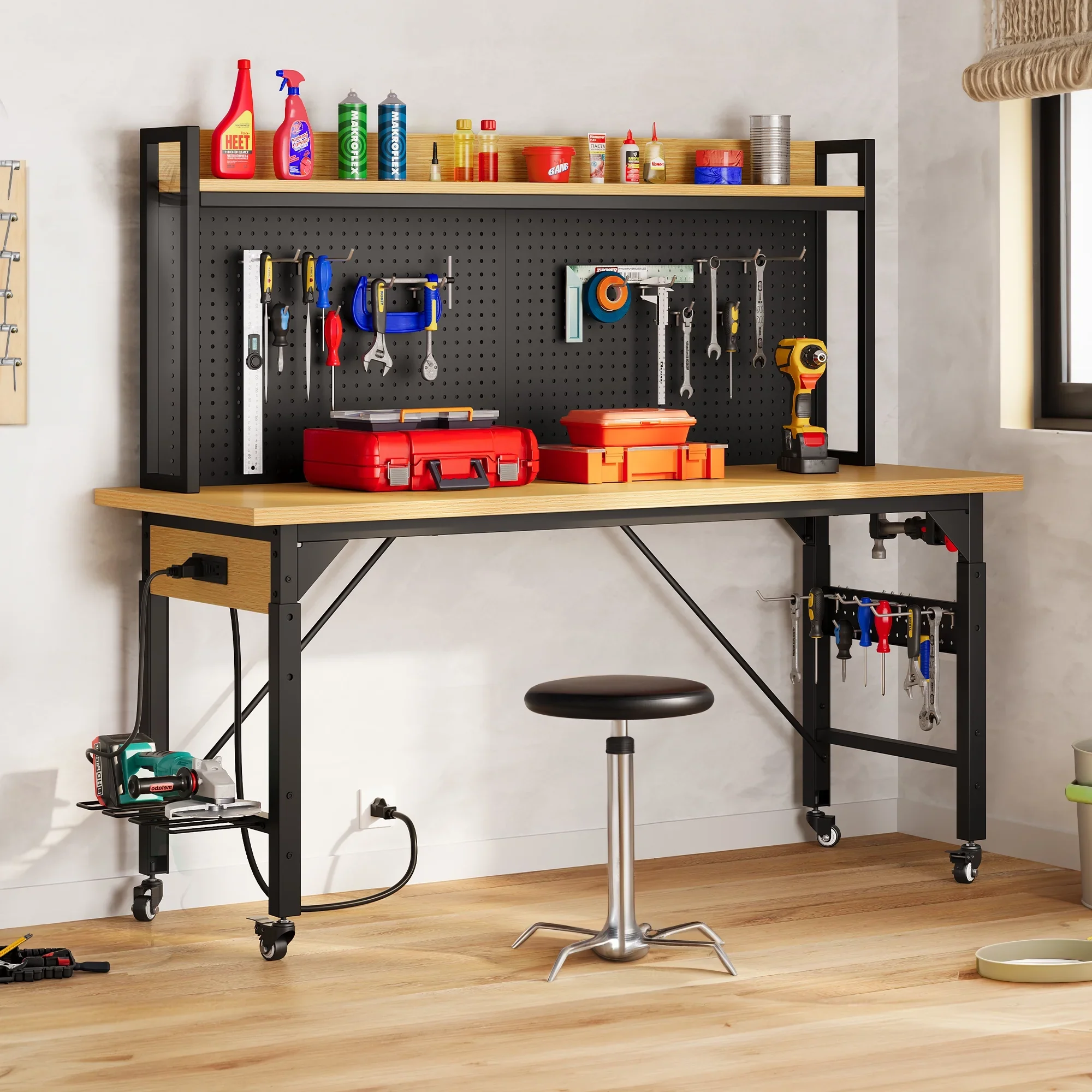 DWVO Tool Cart, Workbench Adjustable Height Work Bench For Garage Oak Plank & Carbon Steel Heavy Duty Workbench 2000lbs Weight Capacity Bench top Size 59.1 x 23.6 with Pegboard Power Outlets