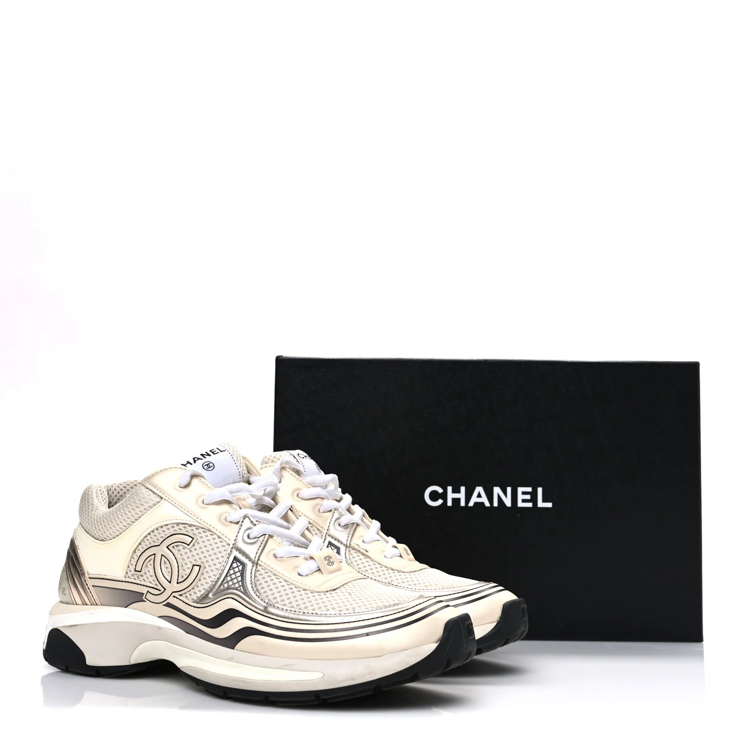 Fabric Laminated Calfskin Stretch CC Sneakers 41 Ivory White Silver
