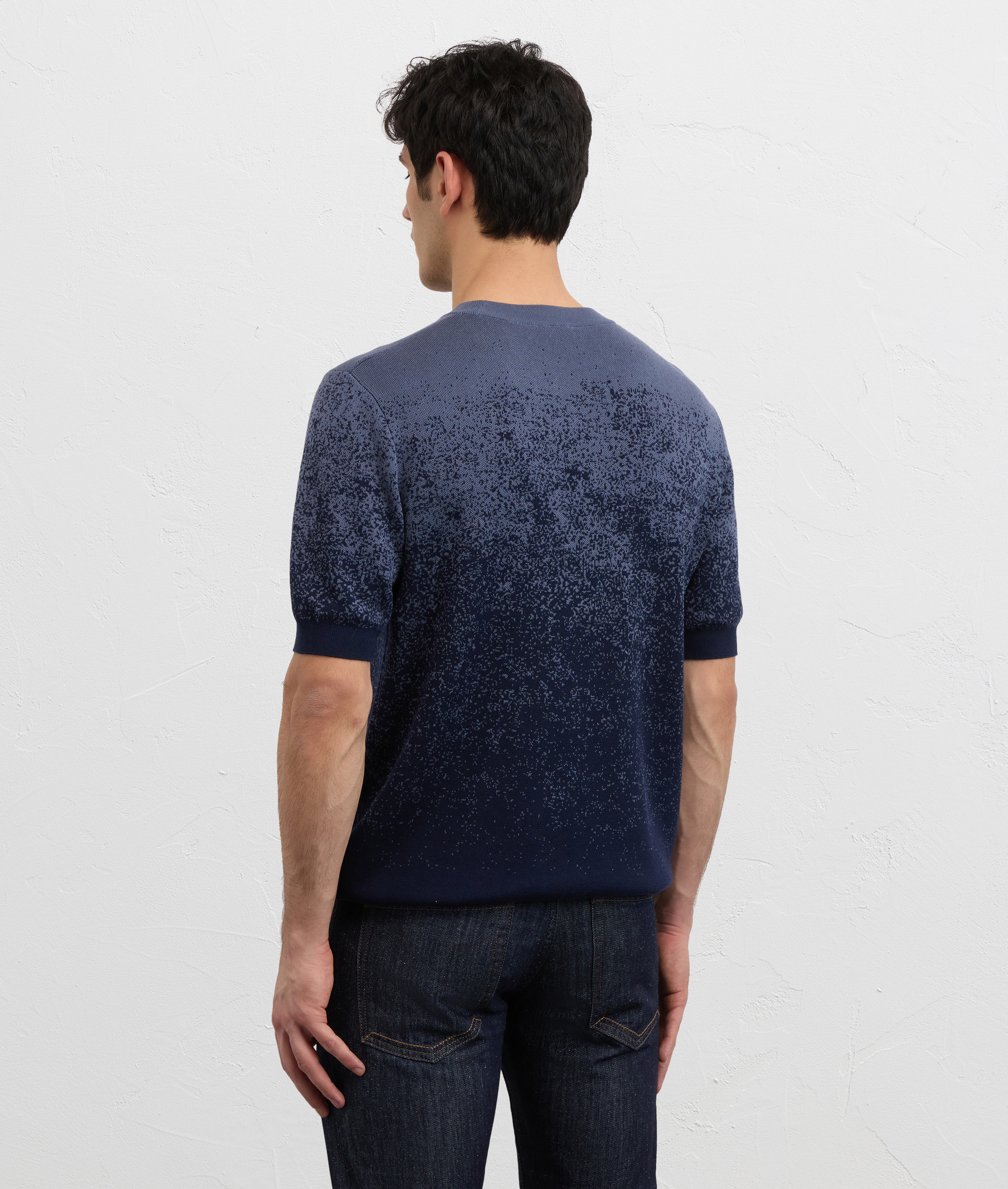 LIGHT BLUE LYOCELL COTTON AND SILK KNITTED T SHIRT WITH JACQUARD SHADED EFFECT