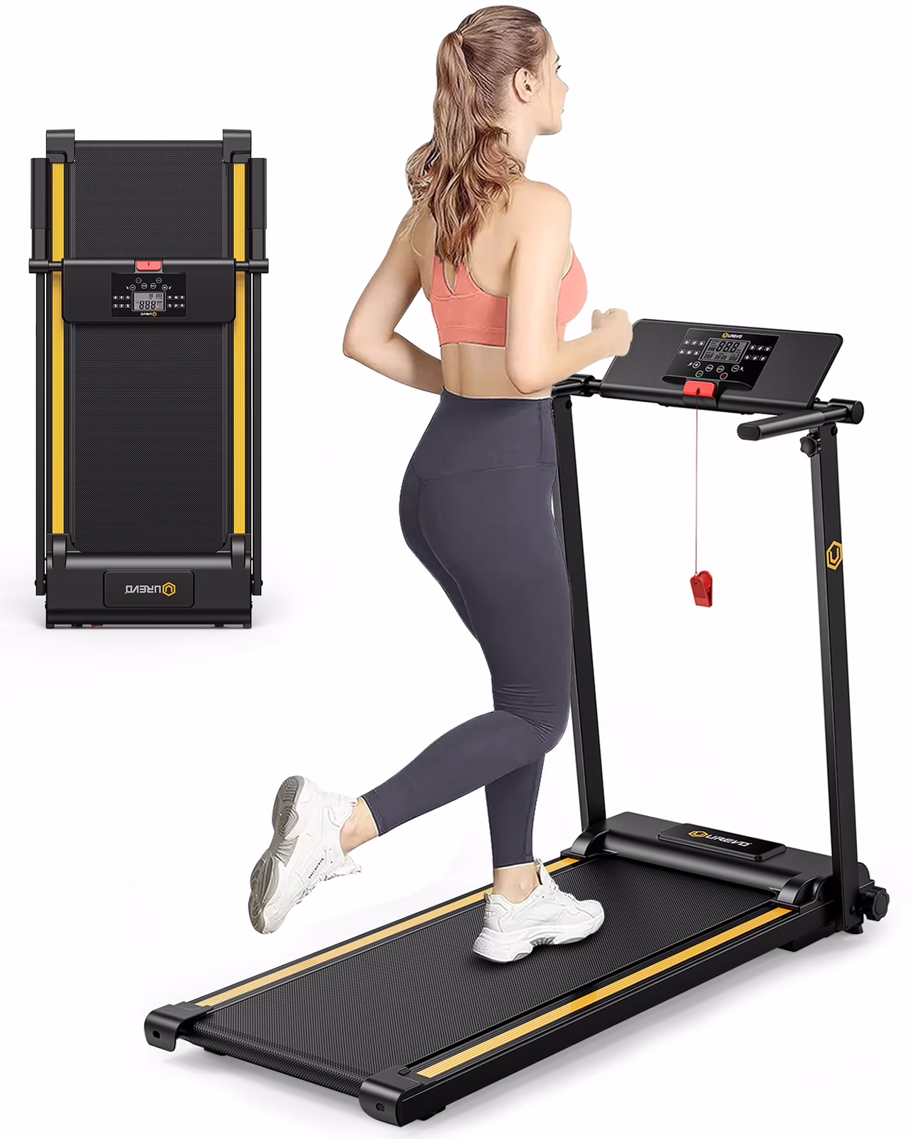 Folding Treadmill, 2.25HP Portable Mini Treadmills for Home Office, Compact Threadmill with 12 HIIT Modes, LCD Display, 265 lbs Capacity(Yellow)