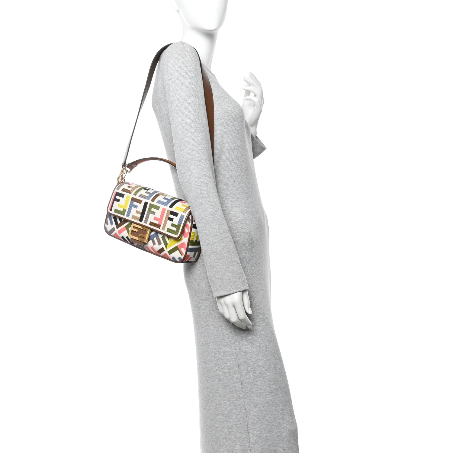 Canvas Ricamo Vitello King FF Multicolor Embroidered Baguette Grezzo Multicolor Gianduia
