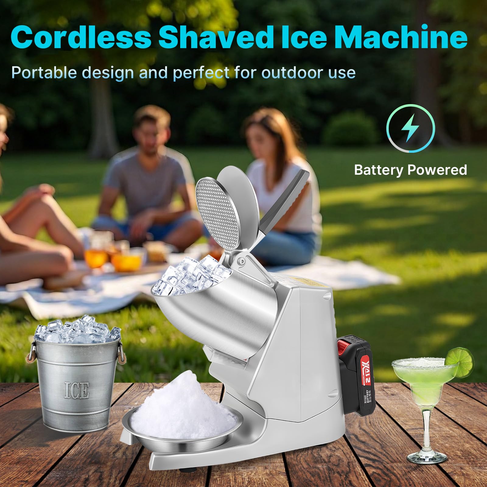 178Ibs/h Portable Ice Shaver Machine with 2 Blades & 1 Battery | 180W Battery-Powered Cordless Ice Crusher for Home Use & Outdoor (Camping), Extra Blades & Ice Pick, Silver