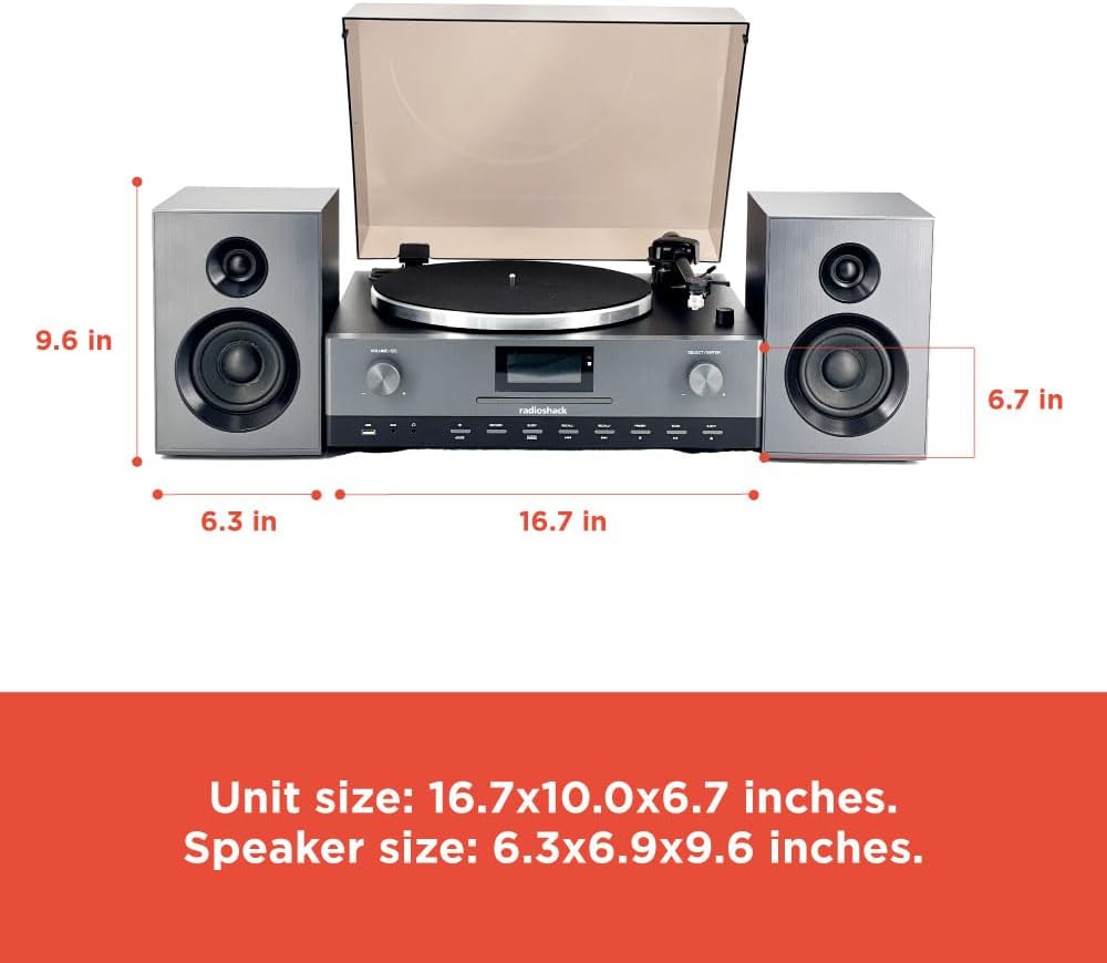 RadioShack Professional Turntable with Speakers  3-Speed Belt-Drive Vinyl Player  Bluetooth Input and Output  FM Radio  CD and USB Playback  Detachable Speakers  Anti-Skating System  Model 4001798