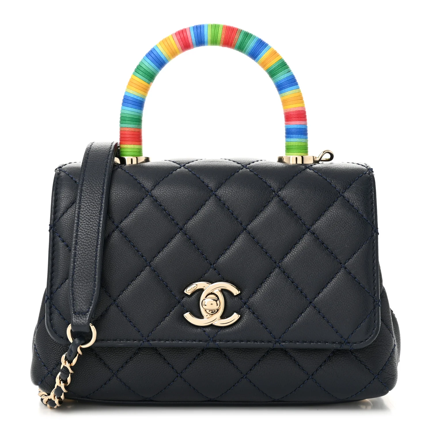 Goatskin Quilted Extra Mini Rainbow Coco Handle Flap Navy Blue