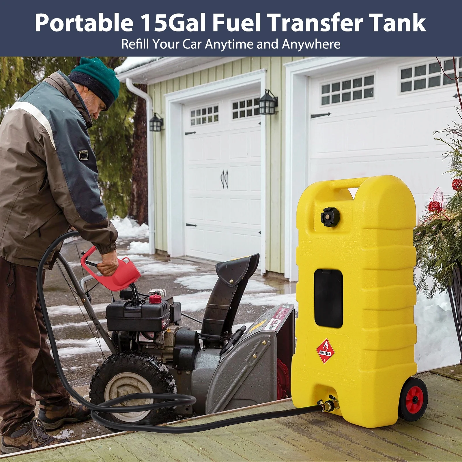 15 Gallon Fuel Caddy, Portable Gas Fuel Tank Container with LE Fluid Transfer Siphon Pump and 10ft. Delivery Hose, Diesel Storage Can On-Wheels for Cars, Lawn Mowers, ATVs, Boats, Yellow(Yellow) - Image 7