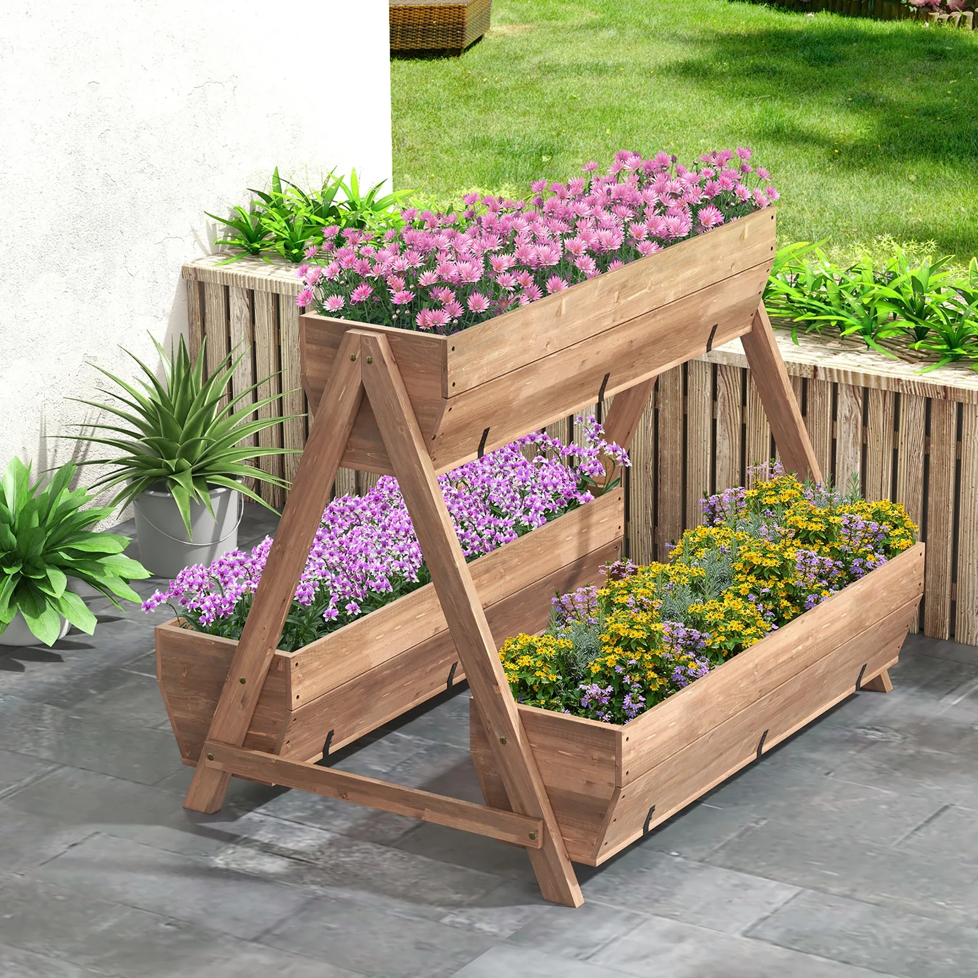 Gymax Vertical Raised Garden Bed Wood Tiered Plant Stand w/ 3 Planter Containers