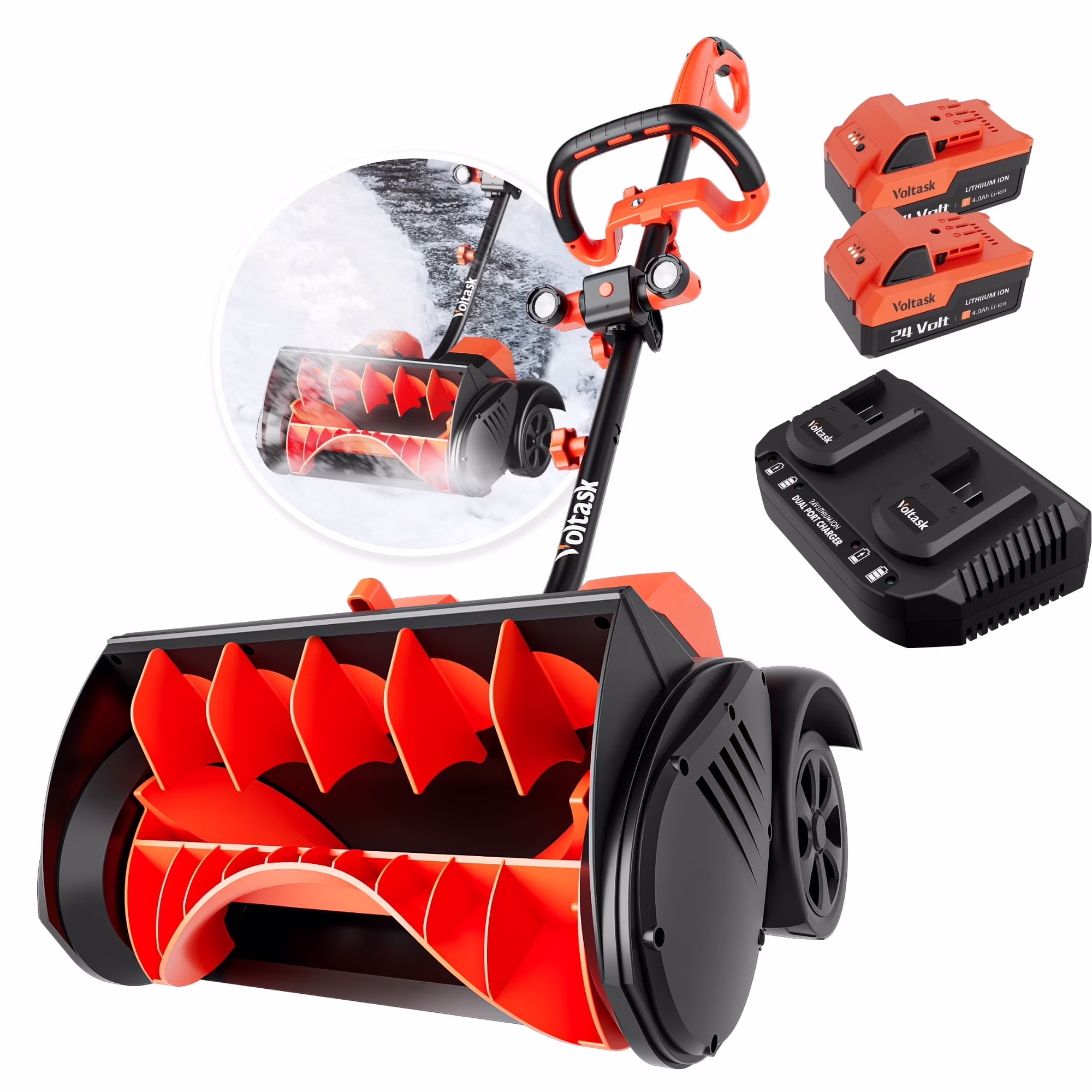 VOLTASK 48V 16 - Inch Cordless Snow Shovel with Wheels, Electric Snow Blower with LED Lights, 2 Batteries & Dual Quick Charger Included for Driveway