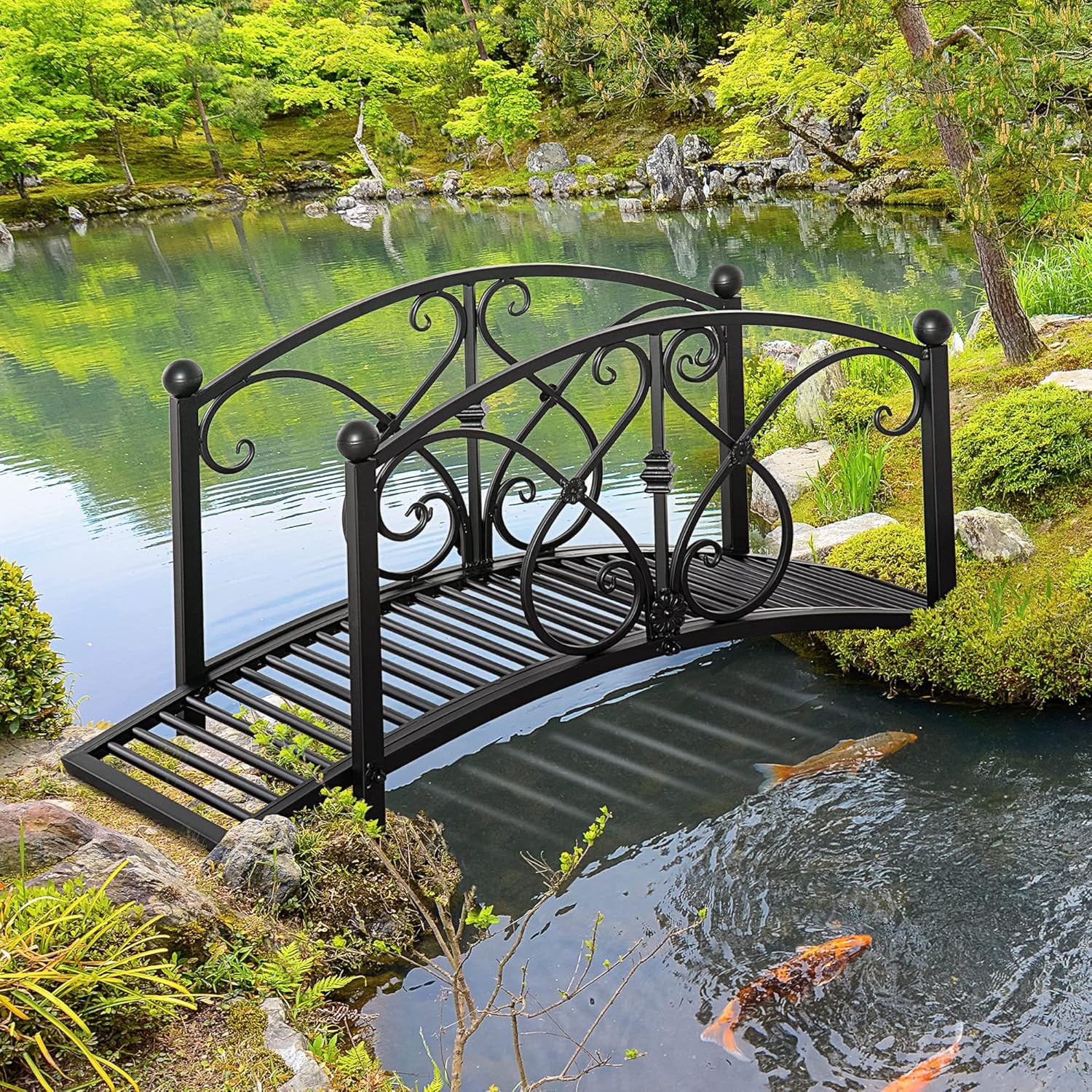 XgoodX 3.3FT Metal Garden Bridge with Decorative Scrollwork, Arched Footbridge with Safety Side Rails for Pond, Stream, Yard, Zen Garden, Outdoor Landscape D��cor��Black