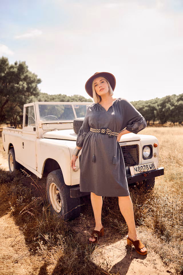 Embroidered Sleeve Split Neck Jersey Dress