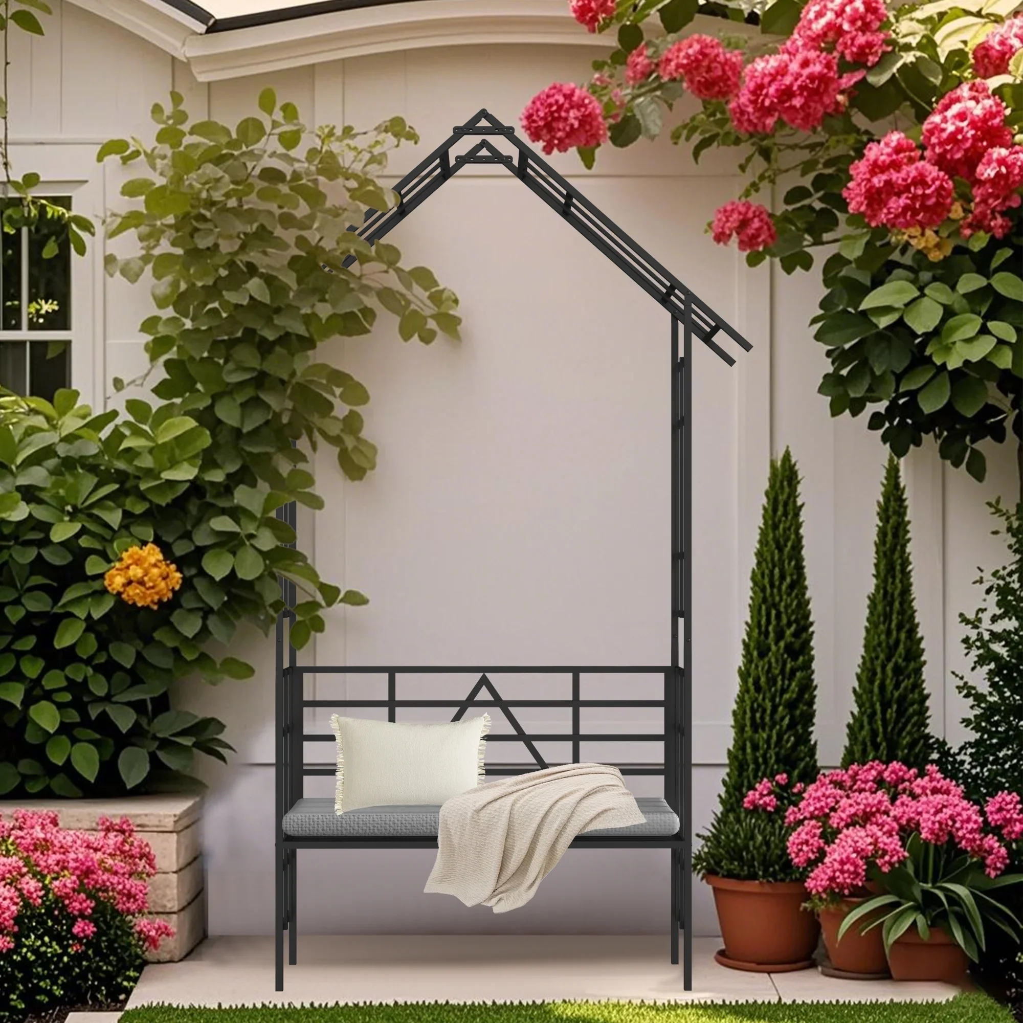 Yoneston 97.24H Metal Garden Arch with Bench, Turned into Flower Stand for Climbing Plants, Support Rose Arch Outdoor, Black