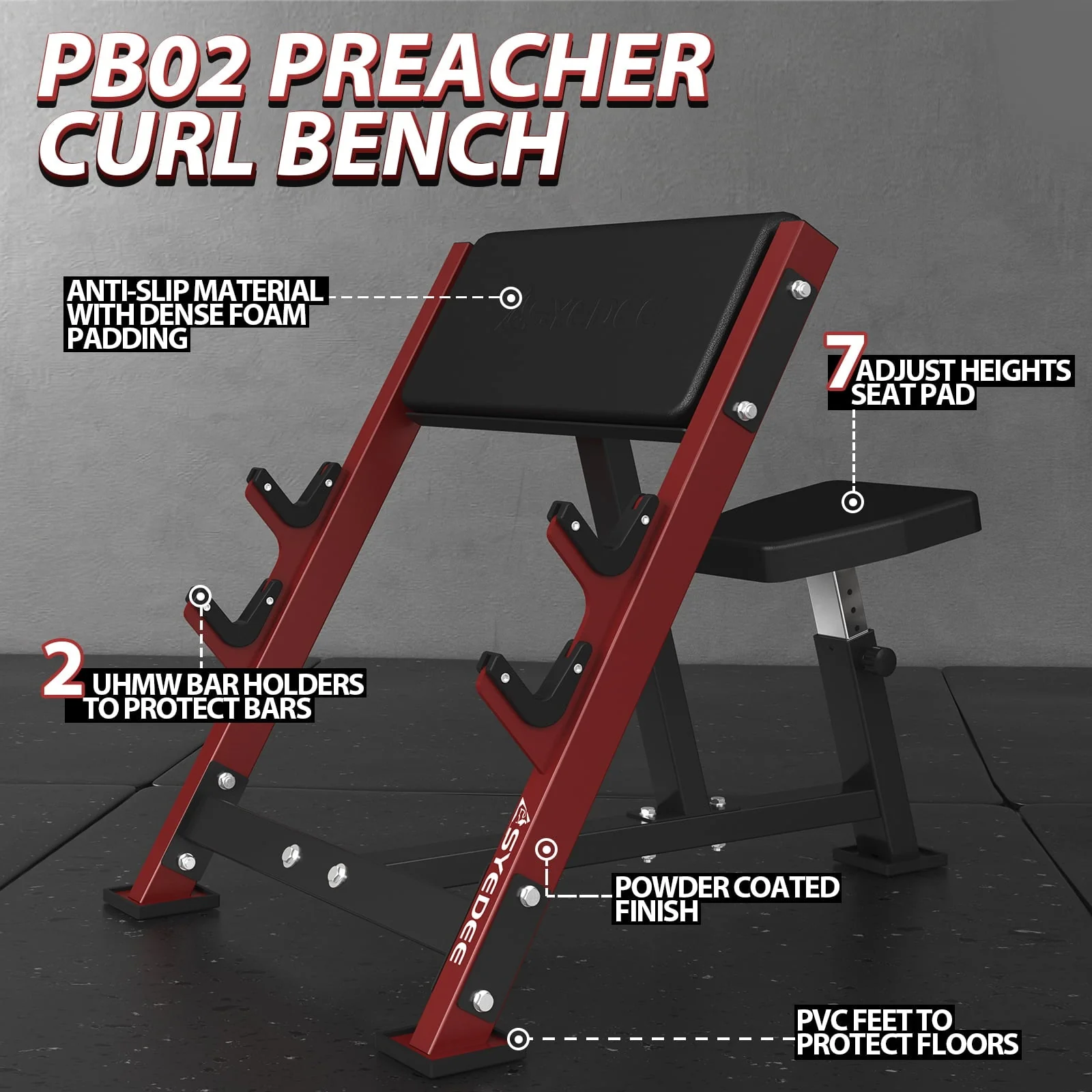 Syedee Preacher Curl Bench, Seated Arm Isolated Barbell Dumbbell Bicep Station, Bicep Curl Machine with 2 Bar Holders for Home Gym (Red) Image 6