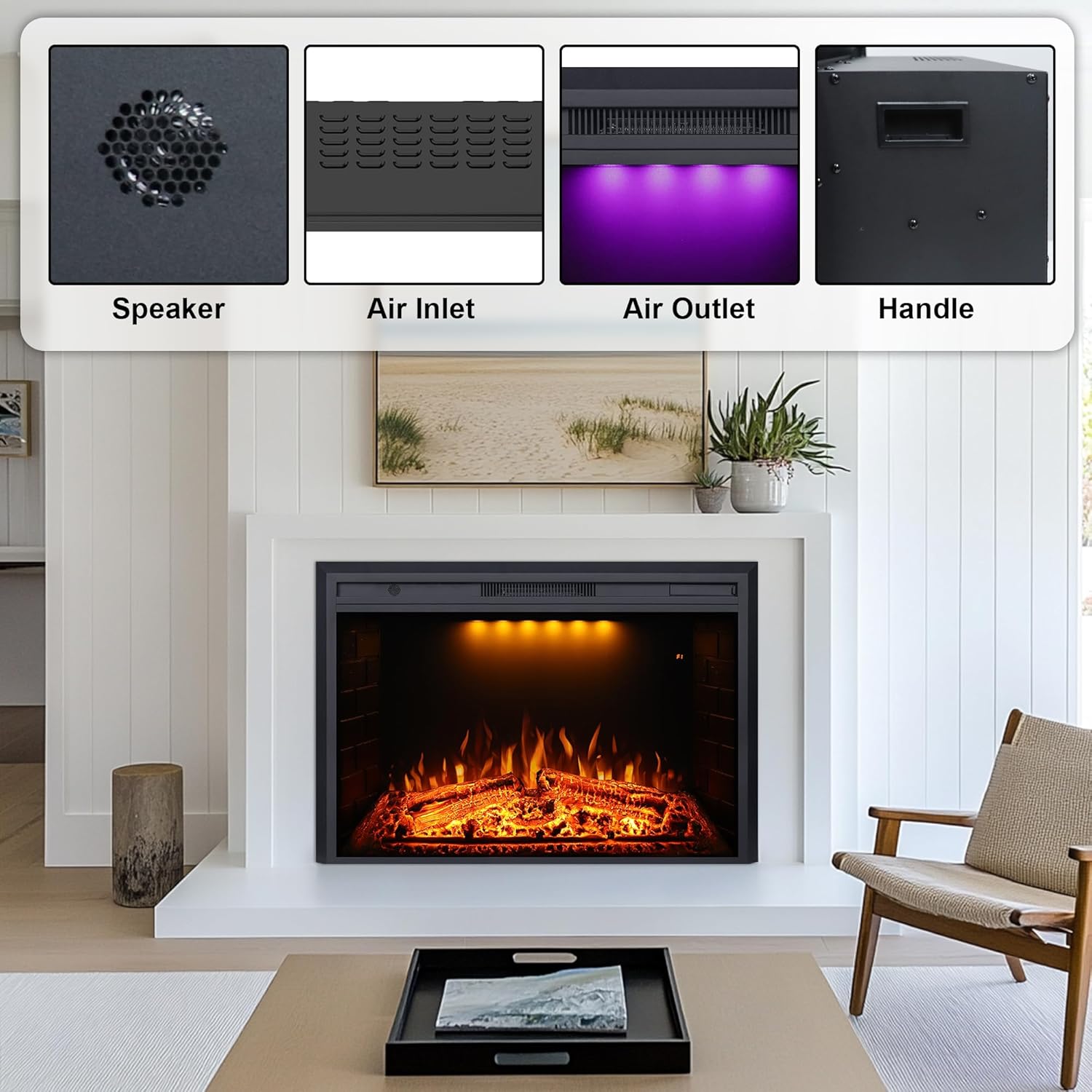 Valuxhome Recessed Electric Fireplace, 30 Inches Electric Fireplace Insert, Fireplace Heater with Overheating Protection, Fire Crackling Sound, Remote Control, 750/1500W, Black