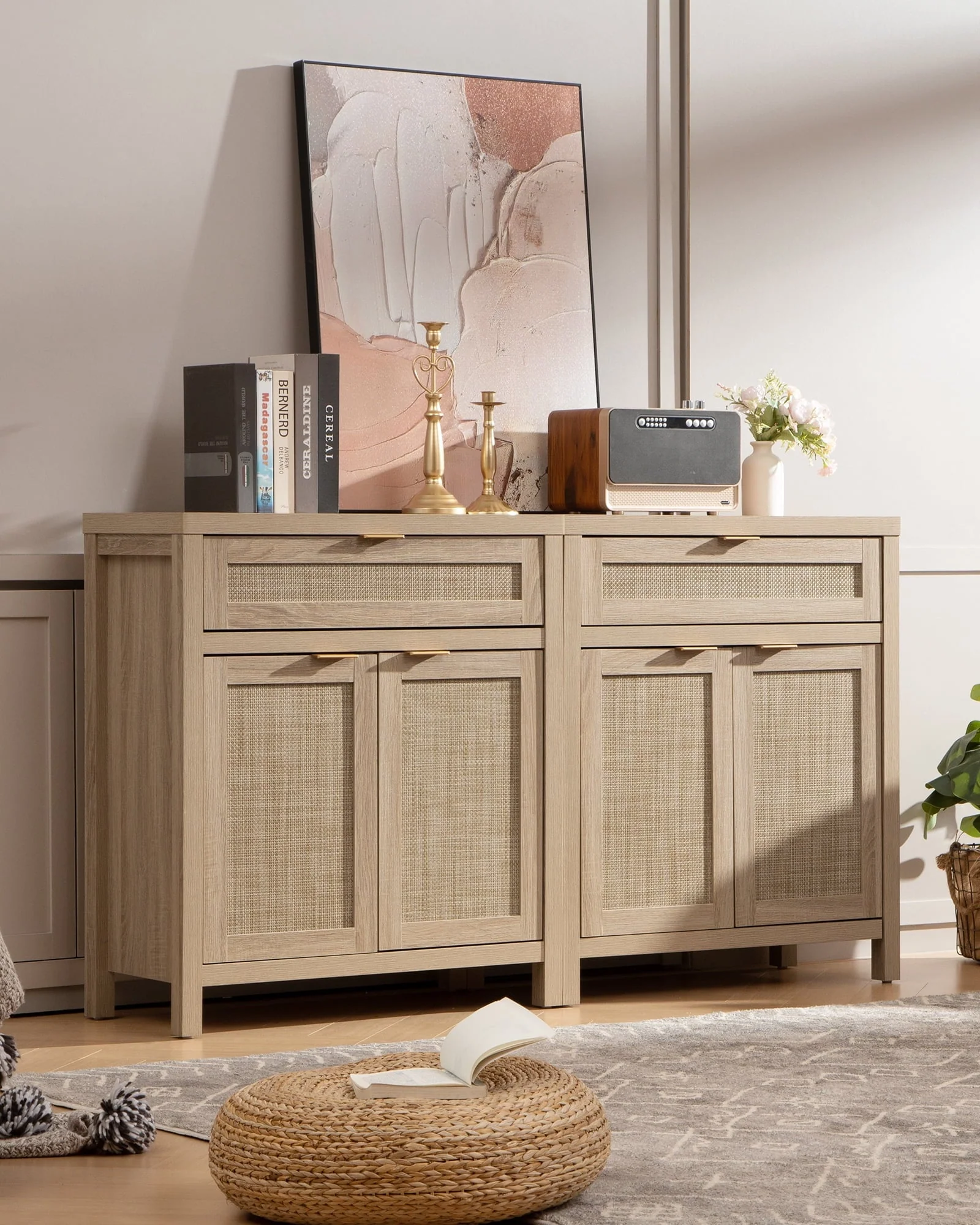 Nopurs Rattan Sideboard Buffet Cabinet Set of 2, Boho Storage Cabinet Buffet Table with Doors and Drawer, Coffee Bar Cabinet for Kitchen Entryway Living Dining Room, Light Oak
