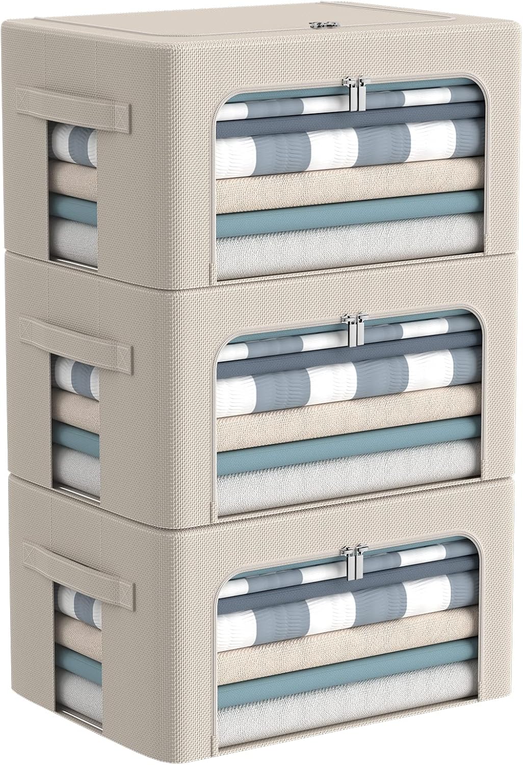3-Pack Frame Storage Box - Clothes Storage Bin Bags Oxford Fabric Foldable Stackable Container Organizer Set with Clear Window & Carry Handles Large Capacity (Beige, Small-22L)
