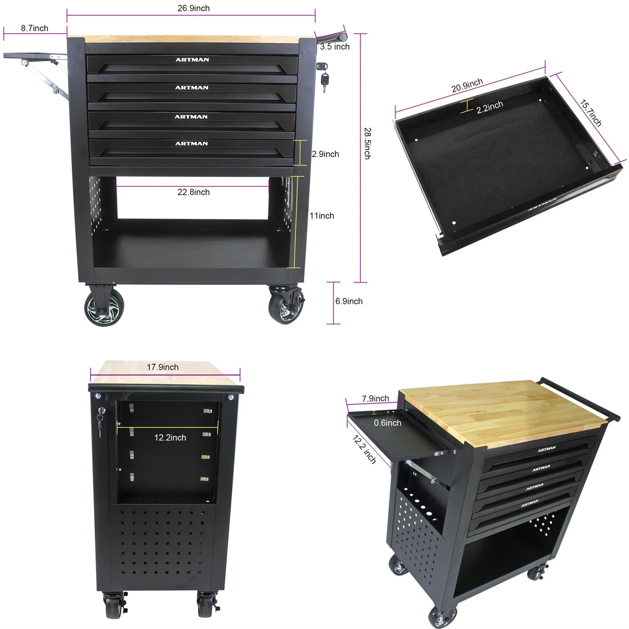 Aukfa 30 inch Mechanic's Tool Cart, 700 LB Capacity 4-Drawer Tool Chest on Wheels for Garage, Black