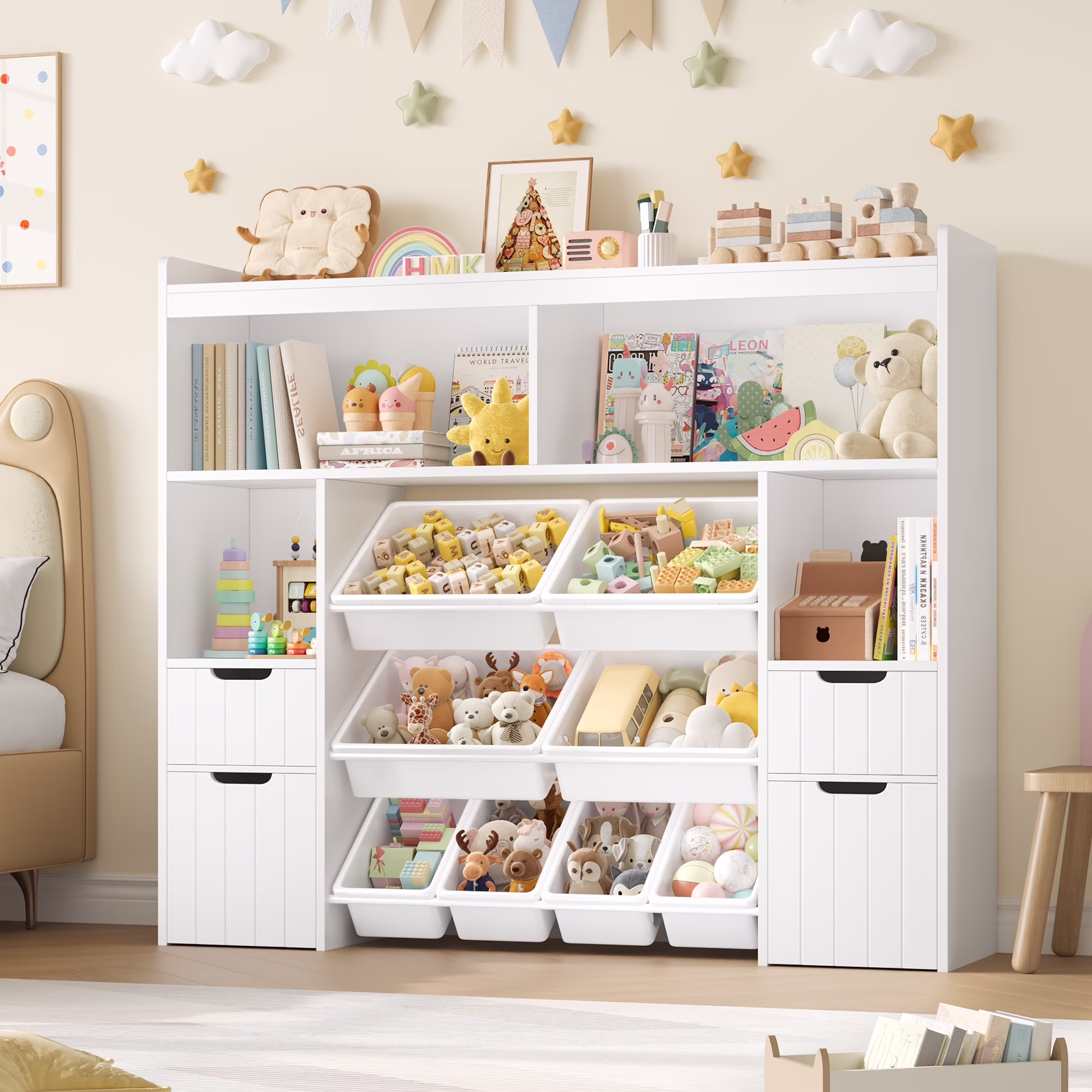 Kids Toy Storage Organizer with Removable Bin, Kids Bookshelf and Bookcase Toy Box with Drawers for Playroom, Classroom, White(White)