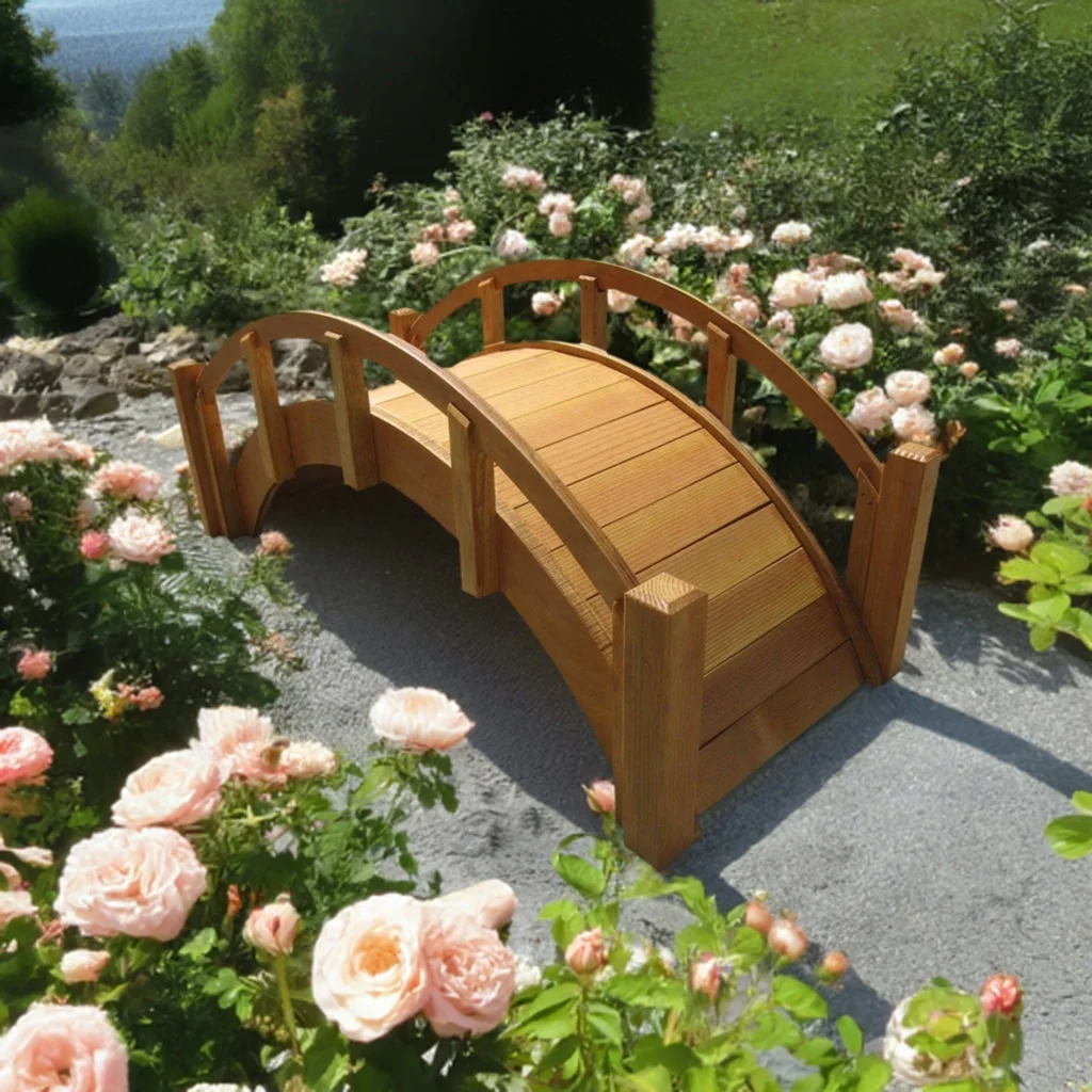 SamsGazebos Miniature Japanese Wood Garden Bridge, 25-Inch, Tan, Waterproofed