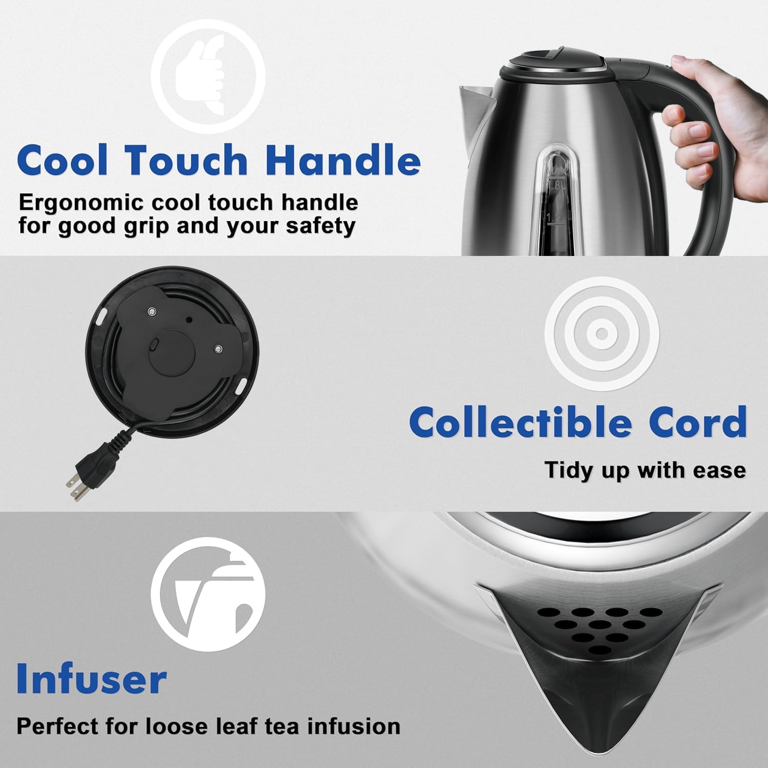 Stainless Steel Electric Kettle, 1.8 Liters Tea, Coffee Kettle & Hot Water Boiler, 360 °   Swivel Base, BPA Free, Auto Shut-Off, Boil-Dry Proof, 1100W