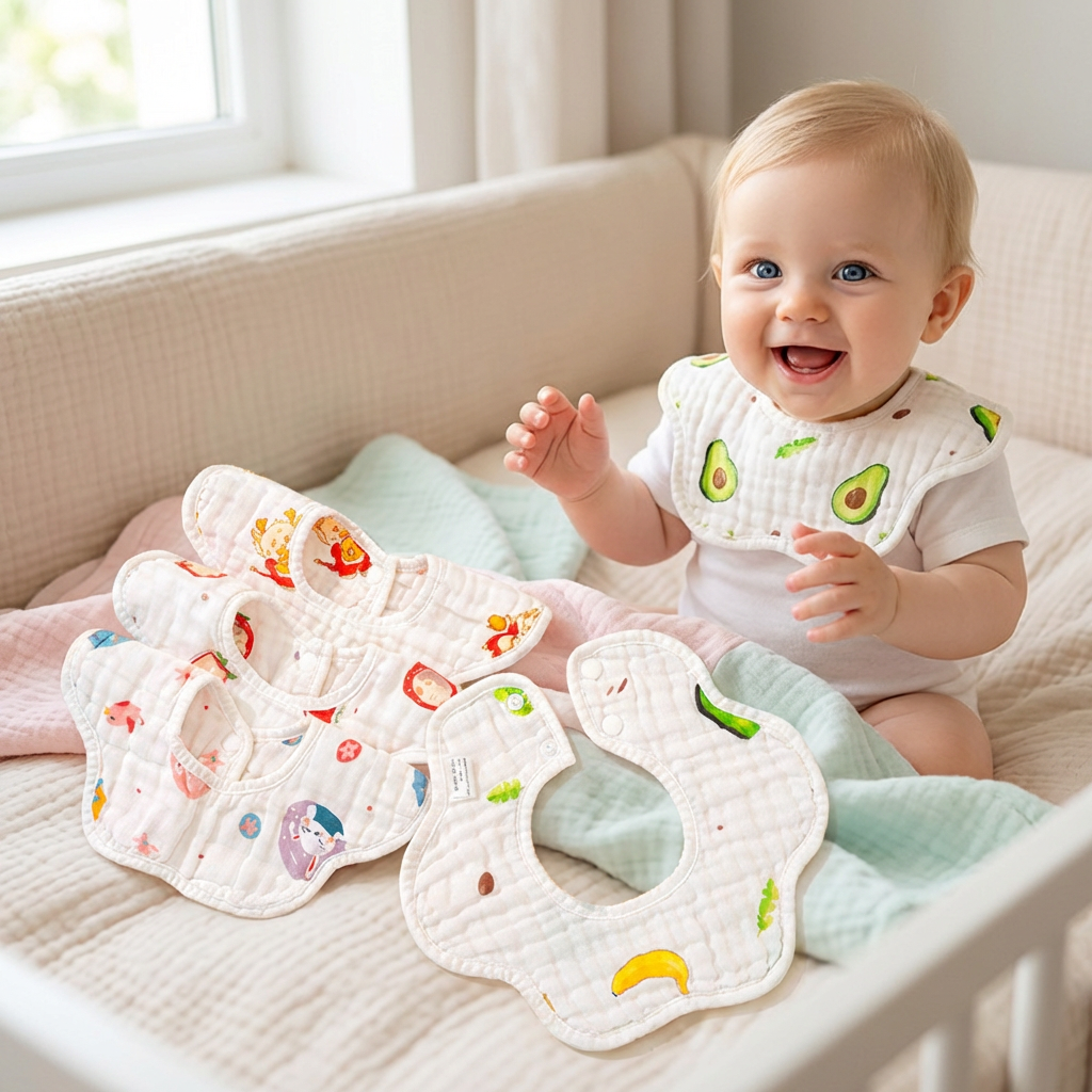 Reversible 8 Layer Cotton Baby Bib 360 Degree Rotating Cartoon Pattern High Absorbent Breathable Washable Infant