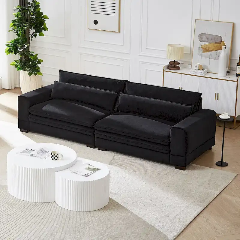 104-Inch Mid-Century Modern Upholstered Sofa with 2 Pillows and Solid Wood Legs