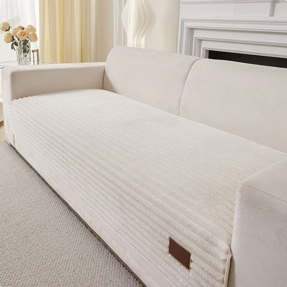 Furry Striped Sofa Protection Non-Slip Plush Couch Cover - Solid