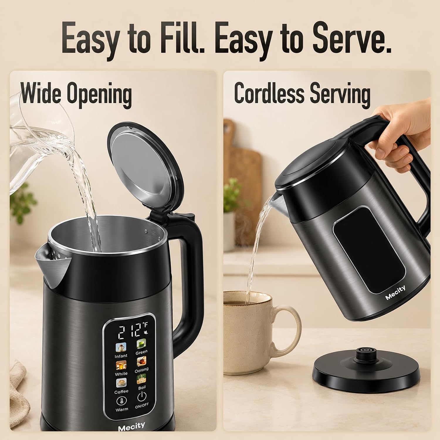 Mecity Electric Kettle 1.7L Touch Screen Temperature Control Water Boiler, No Plastic Contact with Water6 Preset Temperature Programs, 2 Hours Keep Warm, Auto Shut Off, Dark Grey