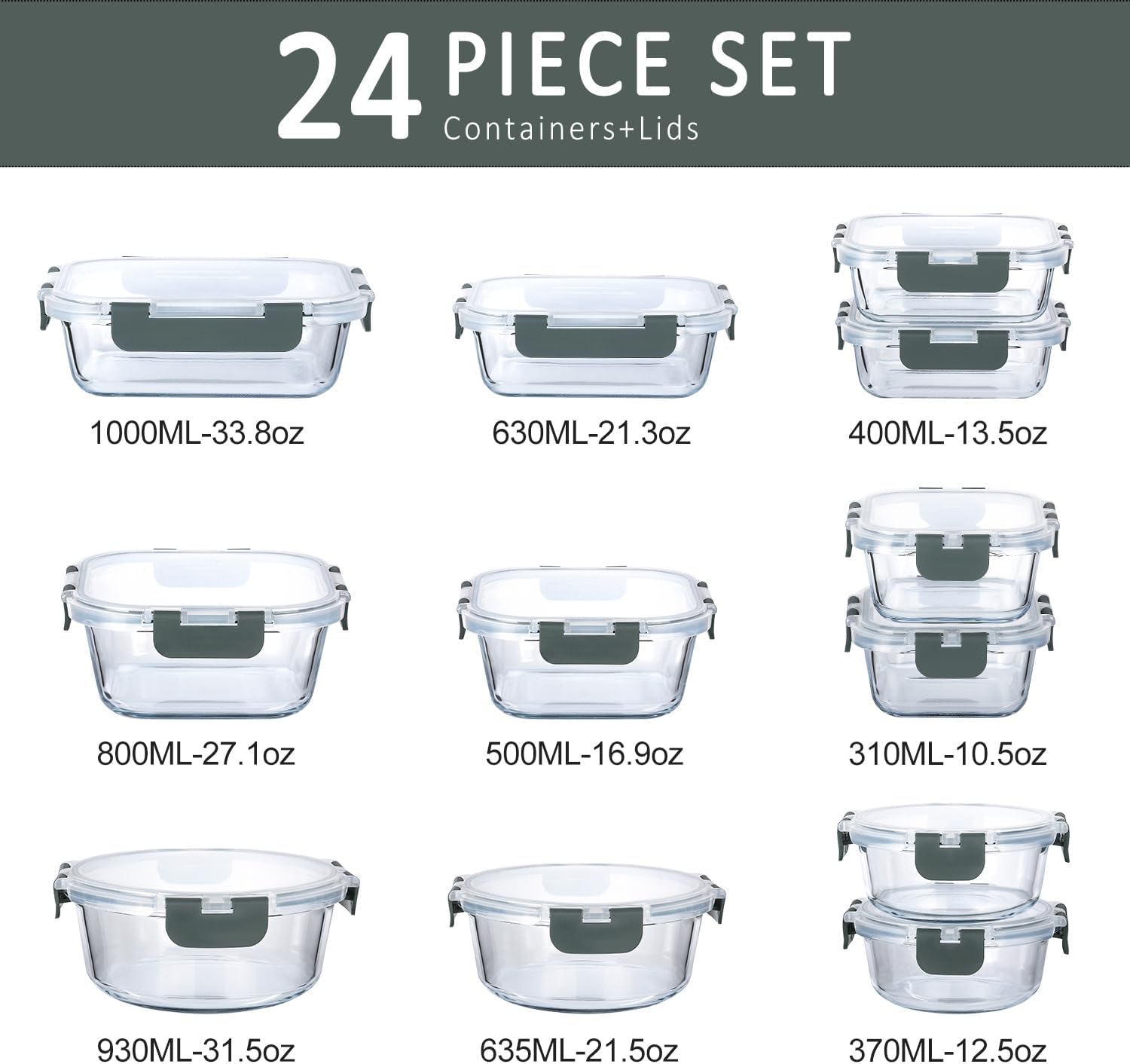 M MCIRCO 24 Piece Glass Food Storage Containers with Lids, Gray
