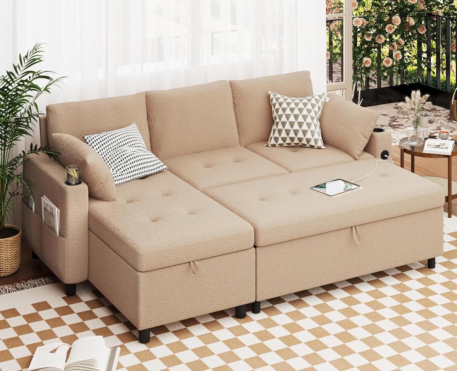 AECOJOY Sleeper Sofa Couch with Pullout Bed, Teddy Fleece, Tan