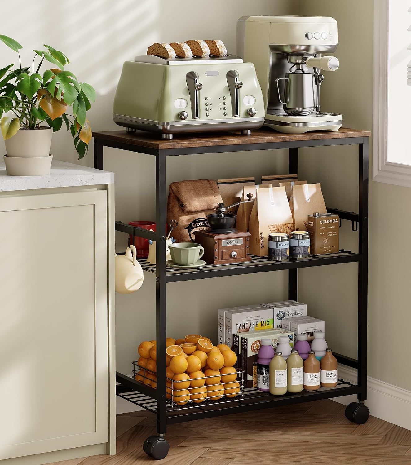 Kitchen Rolling Cart, 3-Tier Microwave Stand with Lockable Wheels, One-Piece Shelf, Kitchen Utility Storage Cart for Coffee Bar, Apartment, Dorm, Laundry Room, Office, 23.6