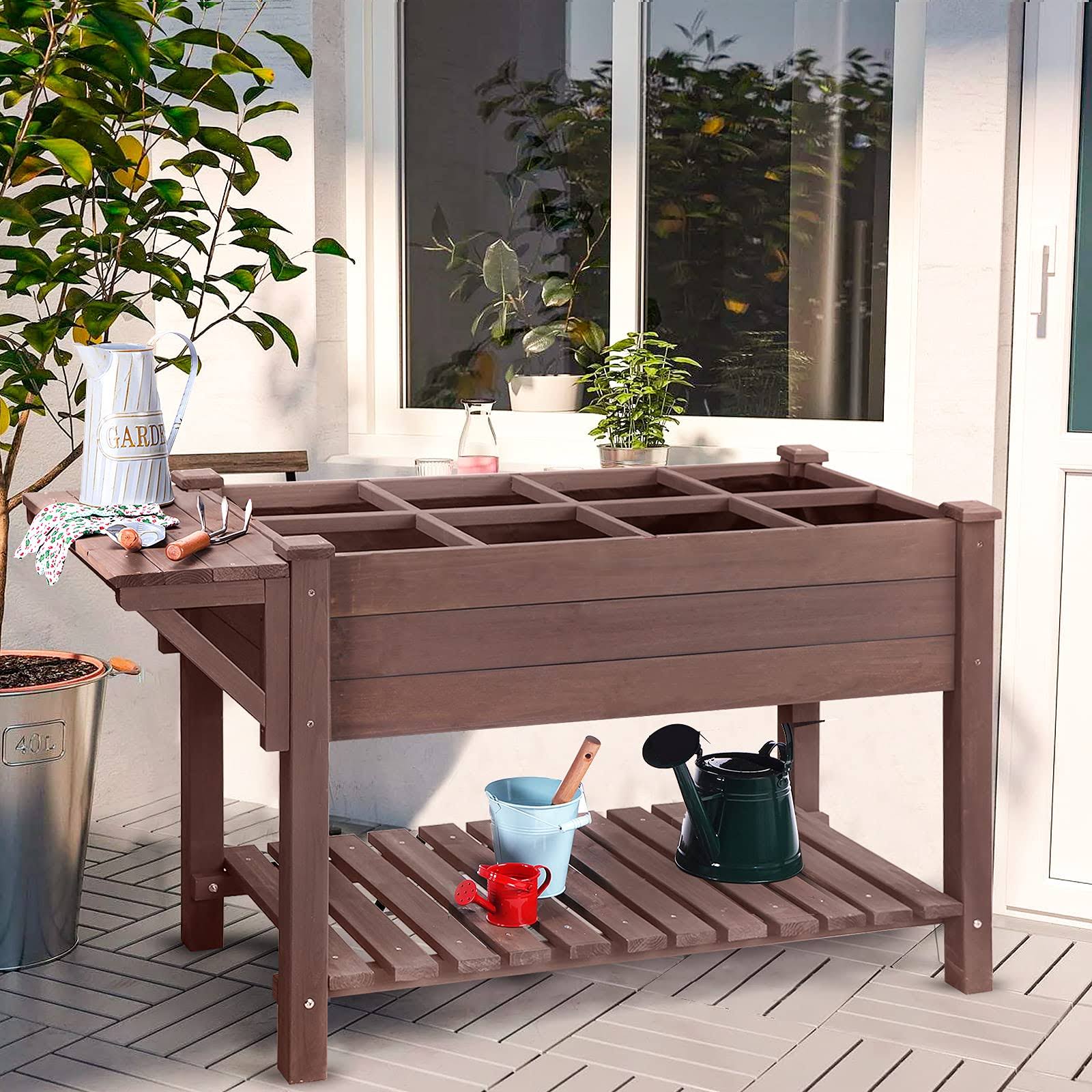 Aivituvin Raised Garden Bed, Elevated Plant Boxes Outdoor Large with Grow Grid - with Large Storage Shelf 52.7
