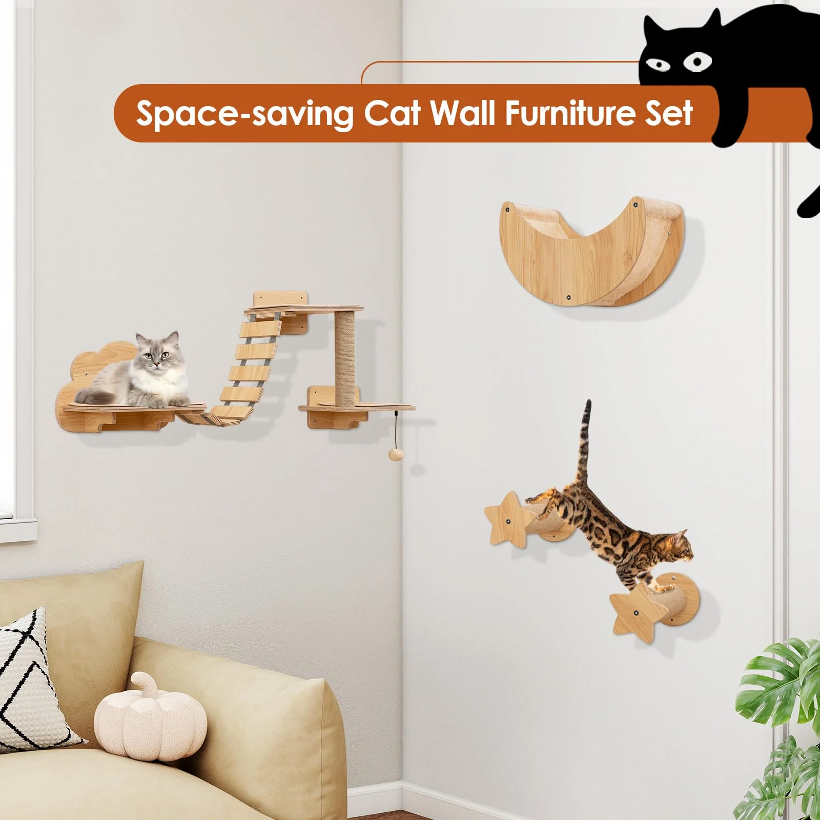Tangkula Cat Wall Furniture Set Kitten Wall Mounted Shelves with Hammock