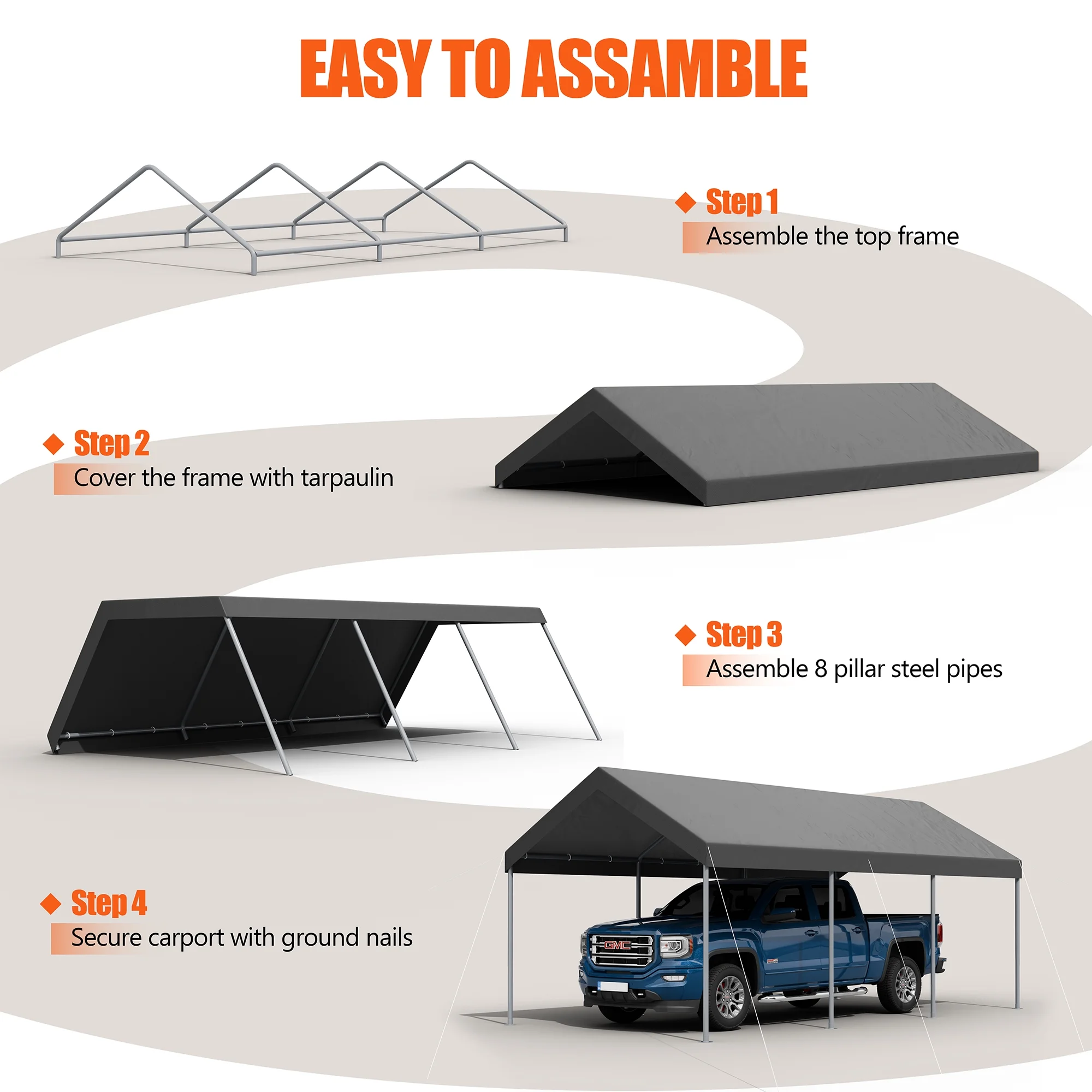 Carport 10 x 20 ft Heavy Duty Carport Car Canopy with Powder-Coated Steel Frame, Portable Garage for Car, Boat, Shelter Party Tent with 180g PE Tarp Gray(Gray) - Image 9
