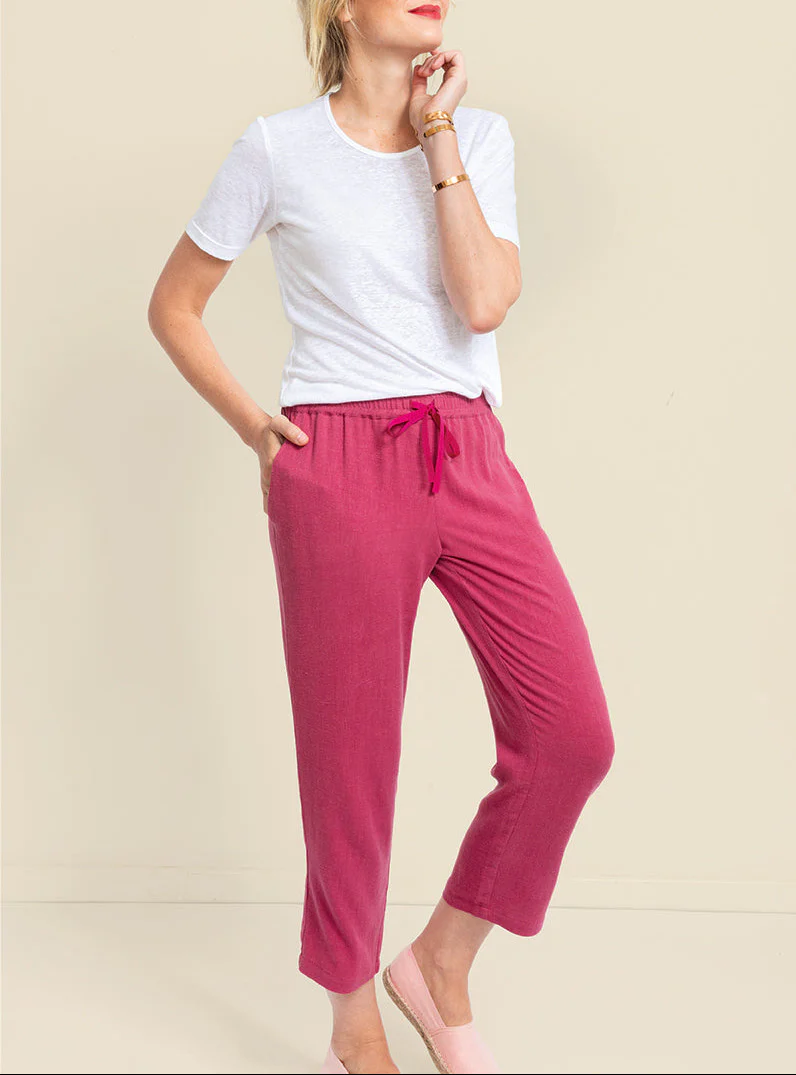 Pantacourt fluide femme en lin rose magenta