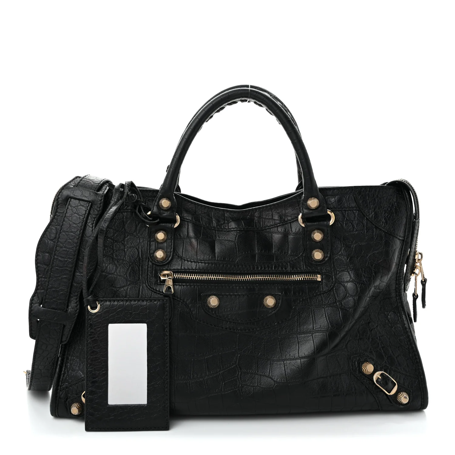 Calfskin Crocodile Embossed Giant 12 Gold Hardware City Black
