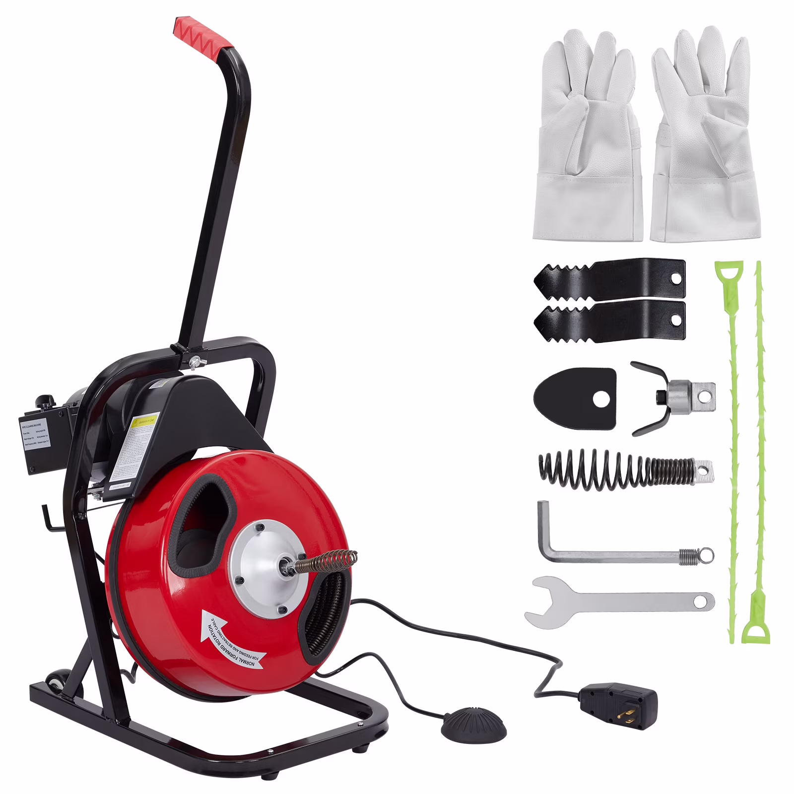 Electric Drain Cleaner Machine, Drain Auger 50ft X 1/2 in for Sewer Clean, Electric Drain Snake for 1 to 4 in Pipes, Drain Sewer Auger with Foot Switch, Protective Gloves, 4 Cutter Blades